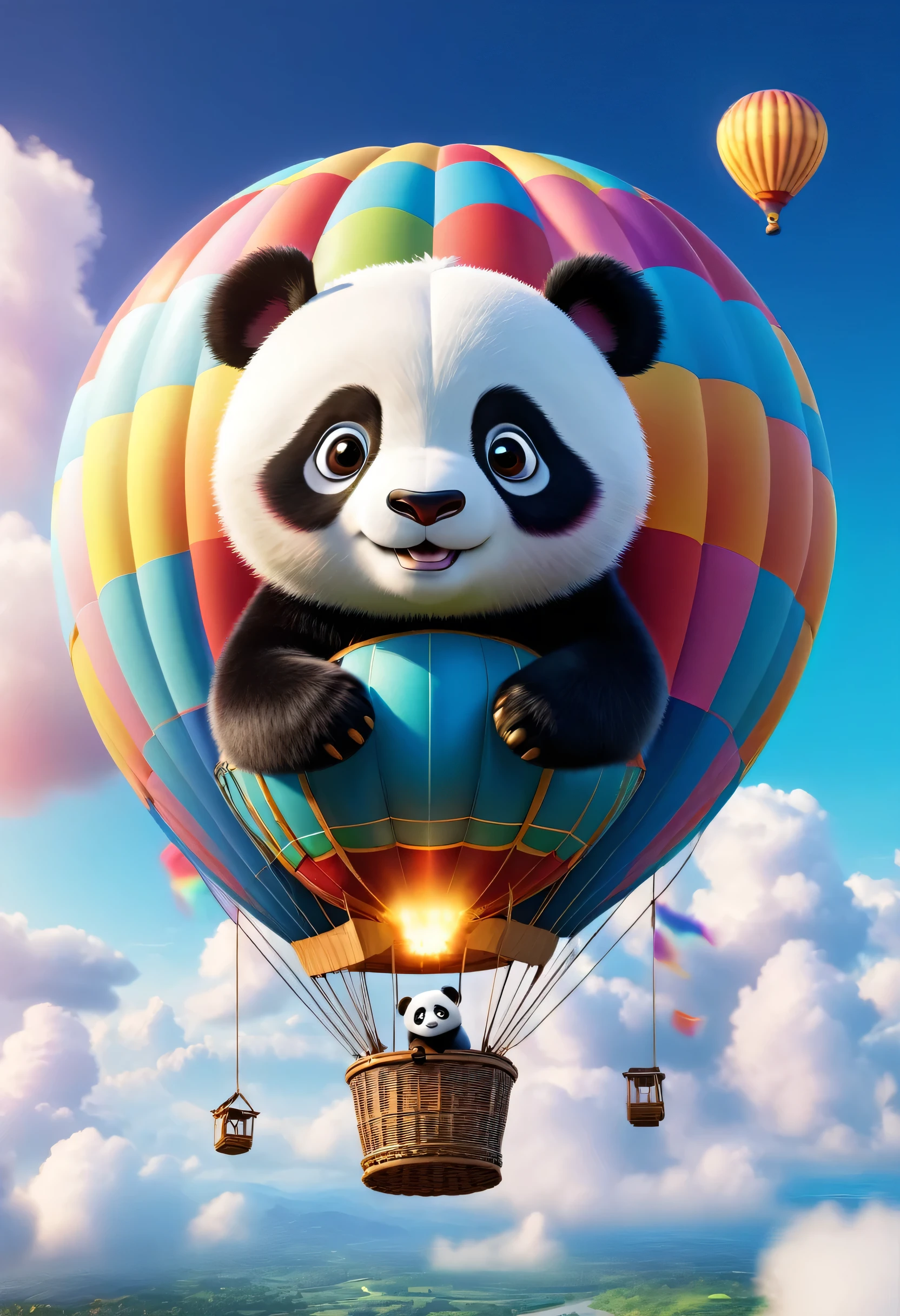 Strange hot air balloons,rich and colorful,The hot air balloon looks like a cute panda，In the Cloud,Beautiful sky,Surreal,epic dream,Fairy tale world,illustration,high quality,3D Rendering,Super detailed,Reality,Vibrant colors,stunning lighting，Panda front