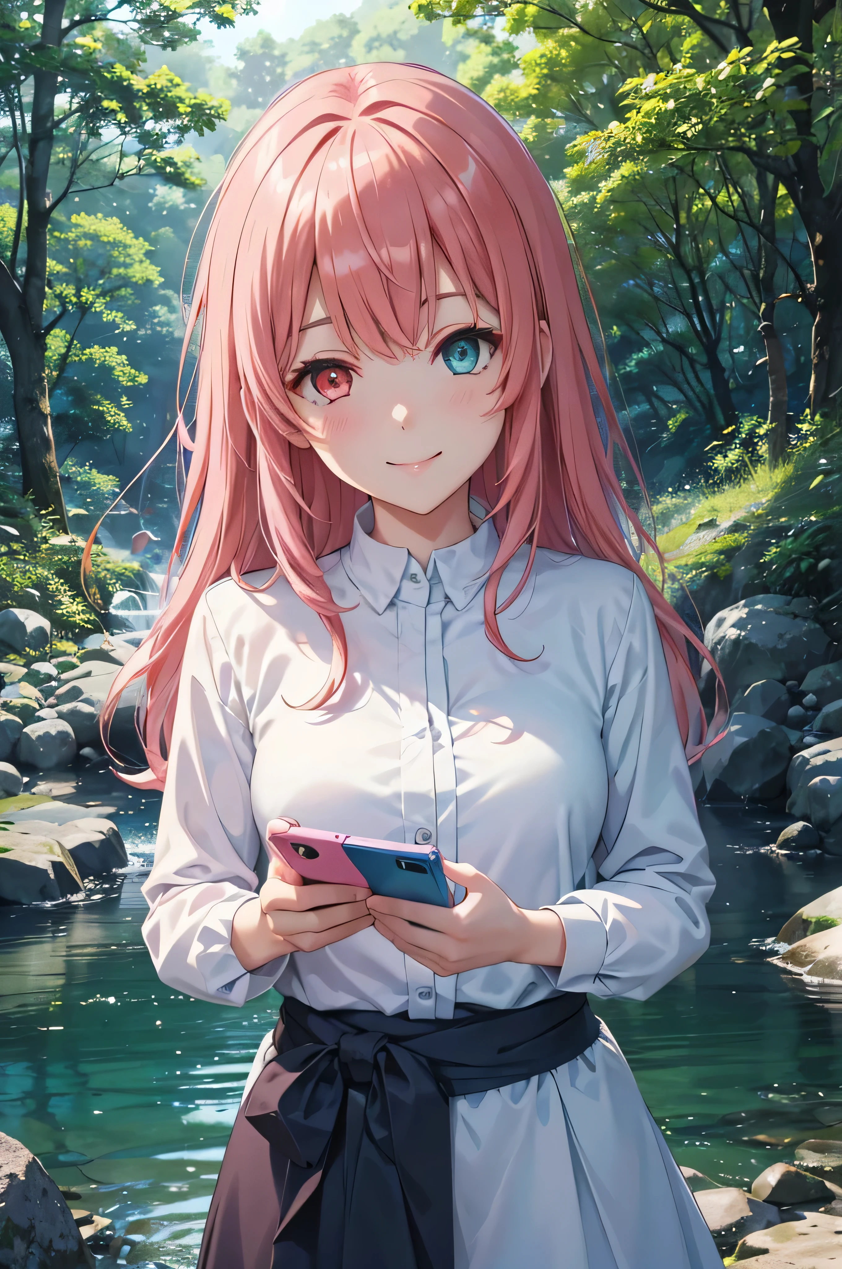 An anime-style cyca with white skin, eyes with heterochromia, one blue and one green, selfie format, close up, professional camera, soft light, in a forest with a river, a beautiful smile, pretty eyes, pink hair and half a down blue, holding cell phone selfie mode in close-up 4k