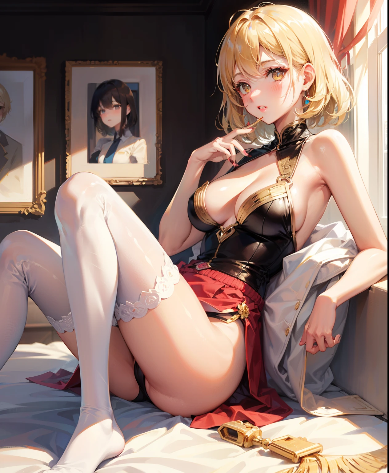 Dynamic posing, dynamic angle, Arrange pose,Top quality work,Show Legs,((short wavy Creamy Golden Blonde hair)),(Creamy Blonde hair),(short hair),(wavy hair),(golden eyes), lovely red lips, Rose cheeks, Pretty Face, A perfectly proportioned face, (home clothes), white stockings,in her room,full-body view, amazing, Large round chest、Beautiful eye details、Beautiful eyelashes、beautiful double eyelid, with blush cheeks, talking to viewer