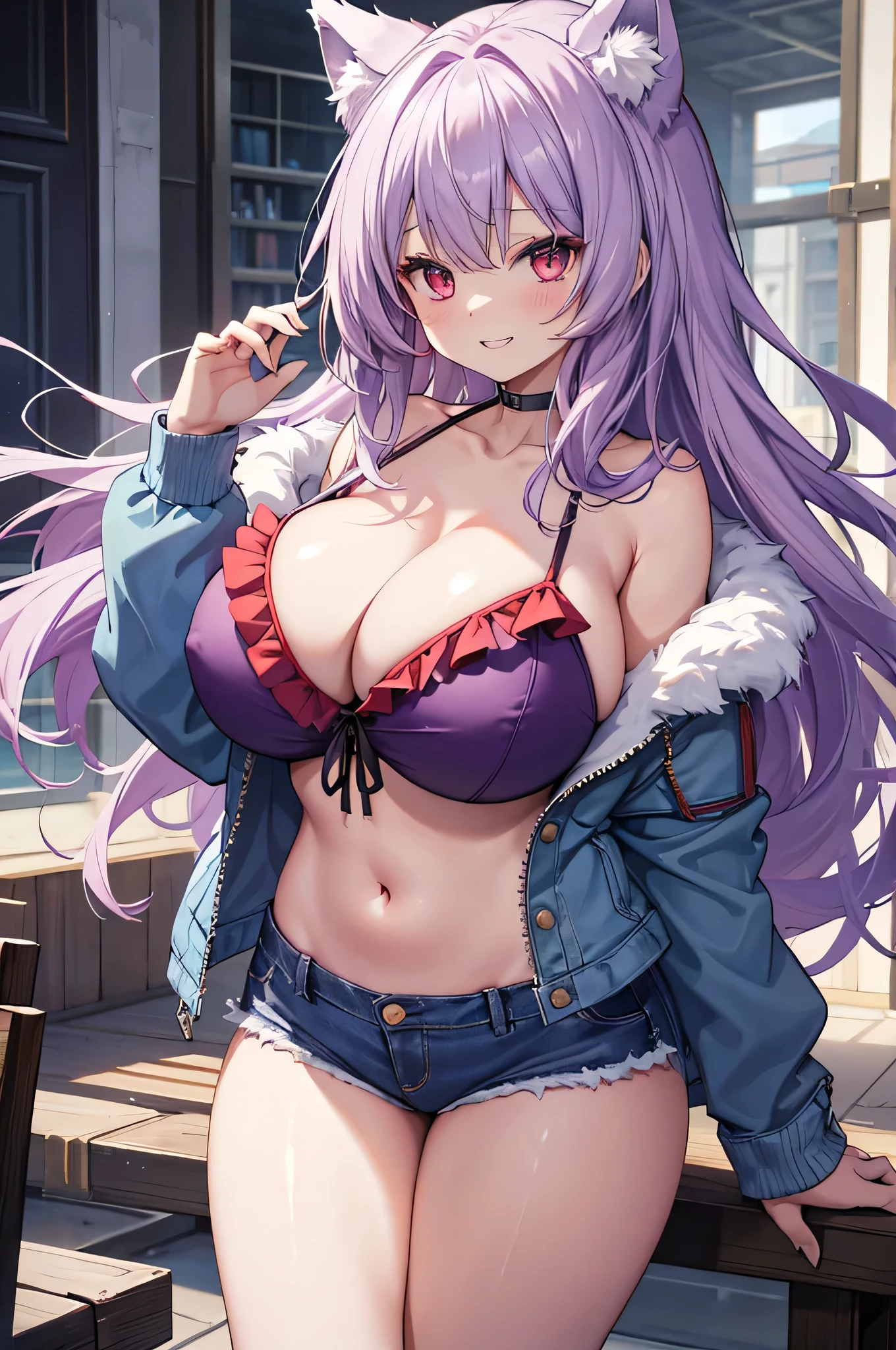 Wolf Girl, Large Breasts, Voluminous light purple hair, masterpiece , Red eyes, hd, Thick thighs, Head to Chest, buried in my chest、Double teeth、tooth、Chubby、Grinning、Frilled bikini、Big Tits、Denim Jacket
