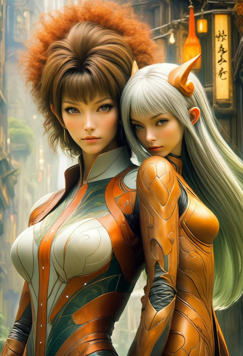 best quality,4k,8k,highres,masterpiece:1.2,ultra-detailed,realistic:1.37,HDR,UHD,studio lighting,ultra-fine painting,sharp focus,physically-based rendering,(Yoshitaka Amano style:1.1),SFW,(safe for work), A 30 years old woman and her guardian familiar, mystical creature,otherworldly creature,enchanting companions,wearing stylish futuristic clothes,inspired by Phantasy Star Online,action shot, (The woman, with her eyes brightly colored, no makeup and her nordic facial features elegantly detailed, adding to her allure. Dressed in elegant casual clothes with a stylish futuristic jacket.), (She is accompanied by a guardian, a marble Golem with exquisite appearance features. The creature's presence adds a sense of wonder and magic to the scene.), (The woman and her companion stand in a dark and gothic city, a modern metropolis with surreal plants, and vibrant signs. The colors are vibrant, with a mixture of browns, olive, and pale oranges creating a dreamlike atmosphere.), (The lighting is soft but illuminating, casting a gentle glow on both the woman and the creature.), (The overall composition has a realistic and photorealistic quality, capturing the essence of the scene in intricate detail.), (The art style is inspired by Yoshitaka Amano, known for his ethereal and otherworldly illustrations. The combination of realistic elements with the artist's unique style creates a captivating and visually stunning image.),Greg Rutkowski