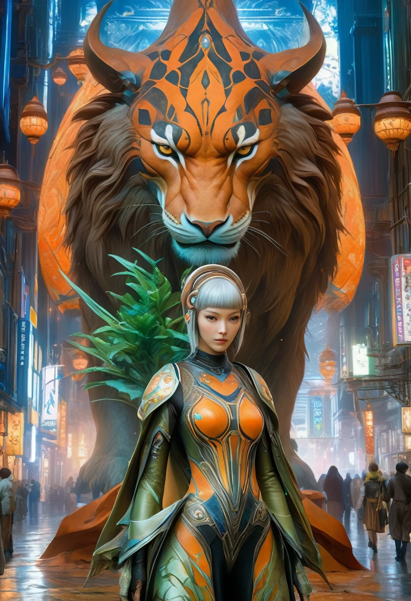 best quality,4k,8k,highres,masterpiece:1.2,ultra-detailed,realistic:1.37,HDR,UHD,studio lighting,ultra-fine painting,sharp focus,physically-based rendering,(Yoshitaka Amano style:1.1),SFW,(safe for work), A 30 years old woman and her guardian familiar, mystical creature,otherworldly creature,enchanting companions,wearing stylish futuristic clothes,inspired by Phantasy Star Online,action shot, (The woman, with her eyes brightly colored, no makeup and her nordic facial features elegantly detailed, adding to her allure. Dressed in elegant casual clothes with a stylish futuristic jacket.), (She is accompanied by a guardian, a marble Golem with exquisite appearance features. The creature's presence adds a sense of wonder and magic to the scene.), (The woman and her companion stand in a dark and gothic city, a modern metropolis with surreal plants, and vibrant signs. The colors are vibrant, with a mixture of browns, olive, and pale oranges creating a dreamlike atmosphere.), (The lighting is soft but illuminating, casting a gentle glow on both the woman and the creature.), (The overall composition has a realistic and photorealistic quality, capturing the essence of the scene in intricate detail.), (The art style is inspired by Yoshitaka Amano, known for his ethereal and otherworldly illustrations. The combination of realistic elements with the artist's unique style creates a captivating and visually stunning image.),Greg Rutkowski