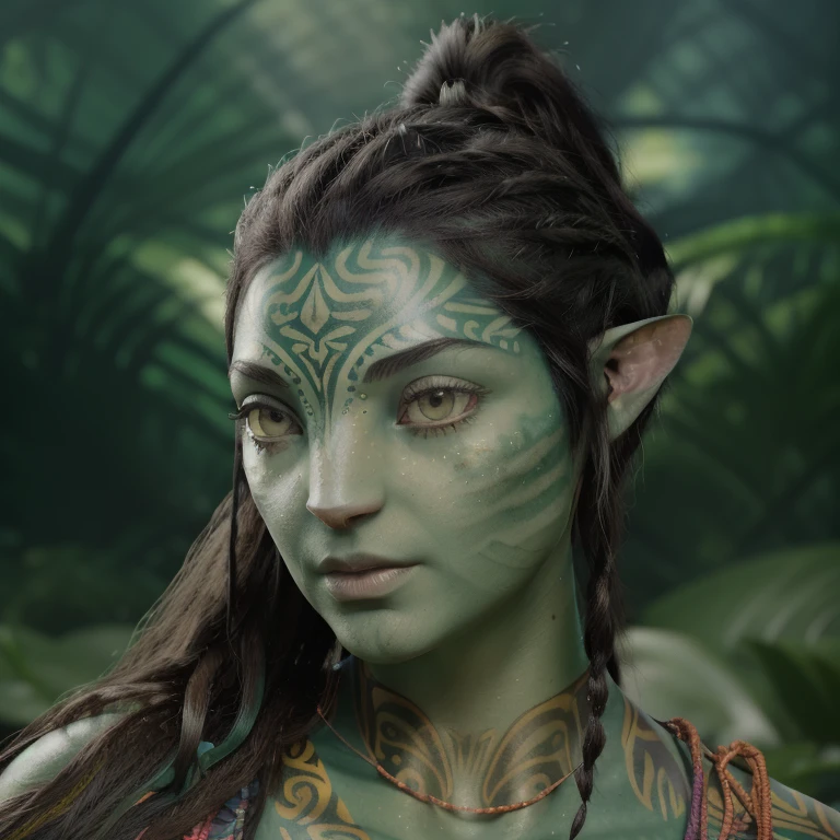 avatar style, (face portrait:1.6), naavi, 1girl, female, (silver eyes), (big eyes), ((eyebrowless)), pointy ears, (forest green skin tone:1.0), (wavy hair:1.0), black hair color, ((ponytail hairstyle)), (()), (young adult), 18 years old, face wrinkles, wearing colorful tribal clothing, (wearing tribal acessories), detailed eyes, toned body, muscled body, vibrant colors, glowing, ethereal atmosphere, surrealistic dreamy lighting, textured skin, otherworldly beauty, mesmerizing photography, (best quality, highres), vivid colors, ultrarealistic, skin details, striped skin, sfw, face close-up:0.5, ultradetailed body, ((green skin)), Brazilian Native, AlineRiscadoQuiron woman