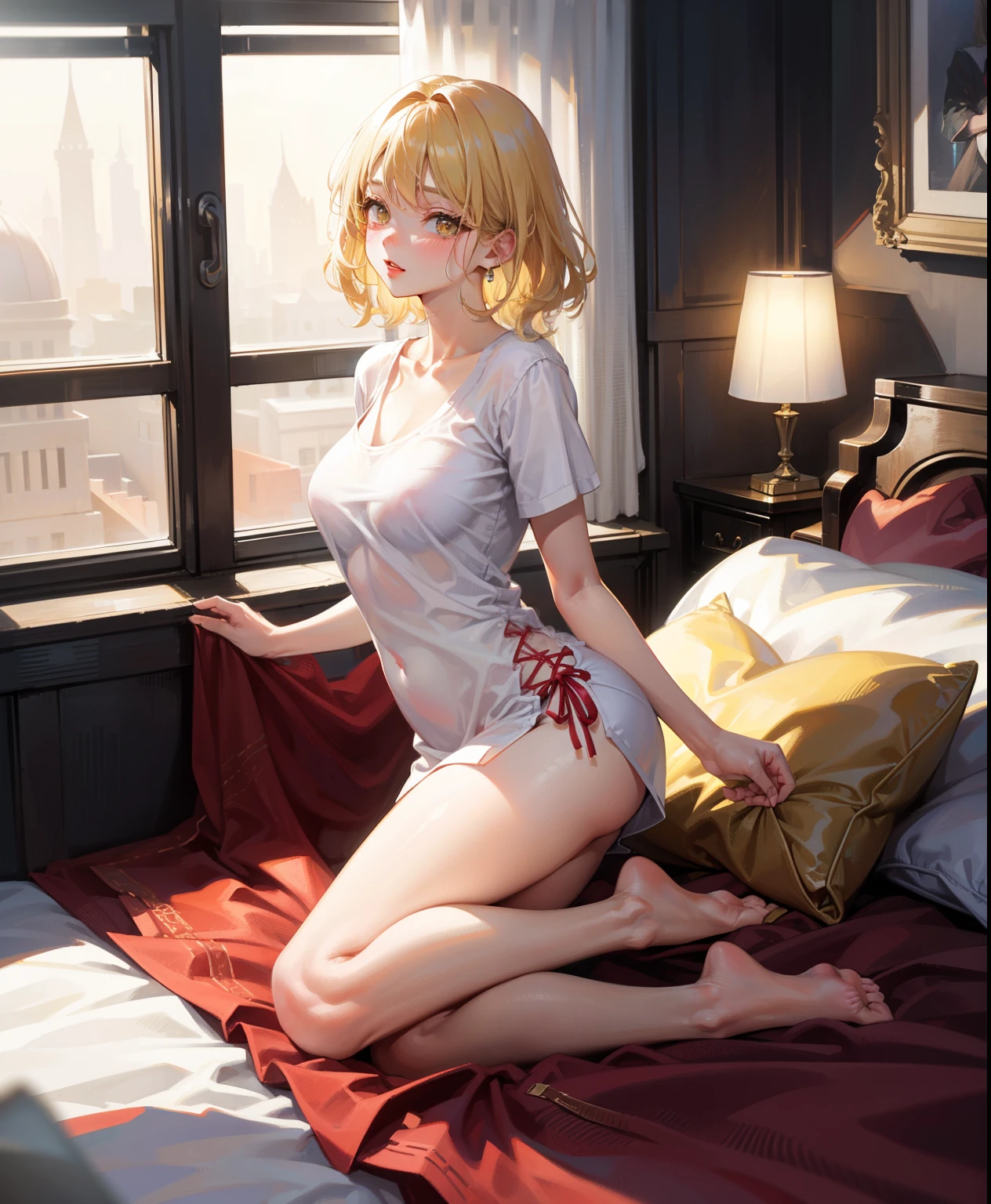 Dynamic posing, dynamic angle, Arrange pose,Top quality work，Show Legs，((short wavy Creamy Golden Blonde hair)),(Creamy Blonde hair),(short hair),(wavy hair),(golden eyes), lovely red lips, Rose cheeks, Pretty Face, A perfectly proportioned face, (casual home clothes), Leisure wear, white stockings，in her room，full-body view， amazing, Large round chest、Beautiful eye details、Beautiful eyelashes、beautiful double eyelid,  with blush cheeks, talking to viewer