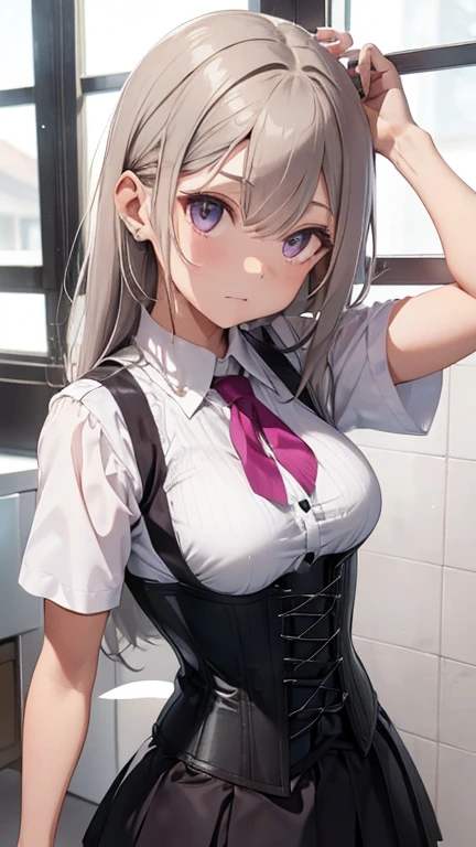 chicas, cabello gris, cabellos cortos, ojos amarillos, small breasts, adorno de piel de gato, Cerraduras laterales, cabello gris, cabello brillante, uniforme, (ojos dorados: 1.2), (dos largas extensiones triangulares en la falda, vest corset on the stomach), White Vest Corset Buttons, (relaxed shirt with short sleeves under the vest corset), (the sleeves end closer to the arms), (cinta gruesa de color negro en el cuello), ( falda corta magenta),