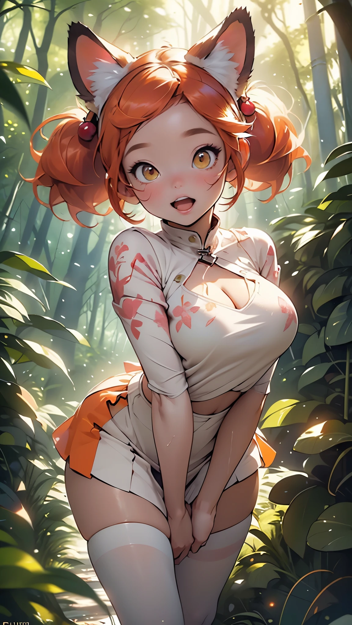 cat girl,((1girl)),((cat girl with extremely cute and beautiful orange hair)),
(large breasts:1.4),bountiful breasts,fluffy breasts,H cup bust,bust up,bulging bust top,(((orange twintails hair:1.35,colored inner hair,twintails,ear breathing))),((((cat ears,cat ears on head,big cat ears)))),((heterochromia:1.5, (orange_eye and yellow_eye))),intricate eyes,beautiful detailed eyes,symmetrical eyes,((fat)),(((lustrous skin:1.5,bright skin: 1.5,skin tanned,shiny skin,very shiny skin,shiny body,plastic glitter skin,exaggerated shiny skin,illuminated skin,wet legs))),(spider lower abdomen,narrow waist,wide hip,athletic body,inflated legs, thick thighs,detailed body,(detailed face)),
cute,slutty,seductive,erotic,(((nsfw))),
zettai ryouiki,(fur headdress),fur clothes,(fur ruffled mini skirt),sleeveless,(fur mini skirt),cleavage cutout,bare legs,clothes with a lot of fur ornaments,((wet clothes,intricate outfit,intricate clothes)),
(dynamic pose:1.0),solo focus,happy,((open mouth)),(centered,scale to fit dimensions,Rule of thirds),
((cute forest)), ((pink cherry forest:1.5,pink forest:1.5)),scenery:1.25,((intricate scenery)),((cute forest background)),puddles, scenery:1.25,((sunset, golden hour)),
(Glossy fantasy ornaments),highres,sharp focus,(ultra detailed,extremely detailed),(photorealistic artwork:1.37),(extremely detailed CG unity 8k wallpaper),(((vibrant colors,vibrant theme))),(intricate),(masterpiece),(best quality),artistic photography,(photography taken by sldr),(intricate background),perfect rendered face,perfect face details,realistic face,photo realistic,((intricate detail)),(((realism))),
