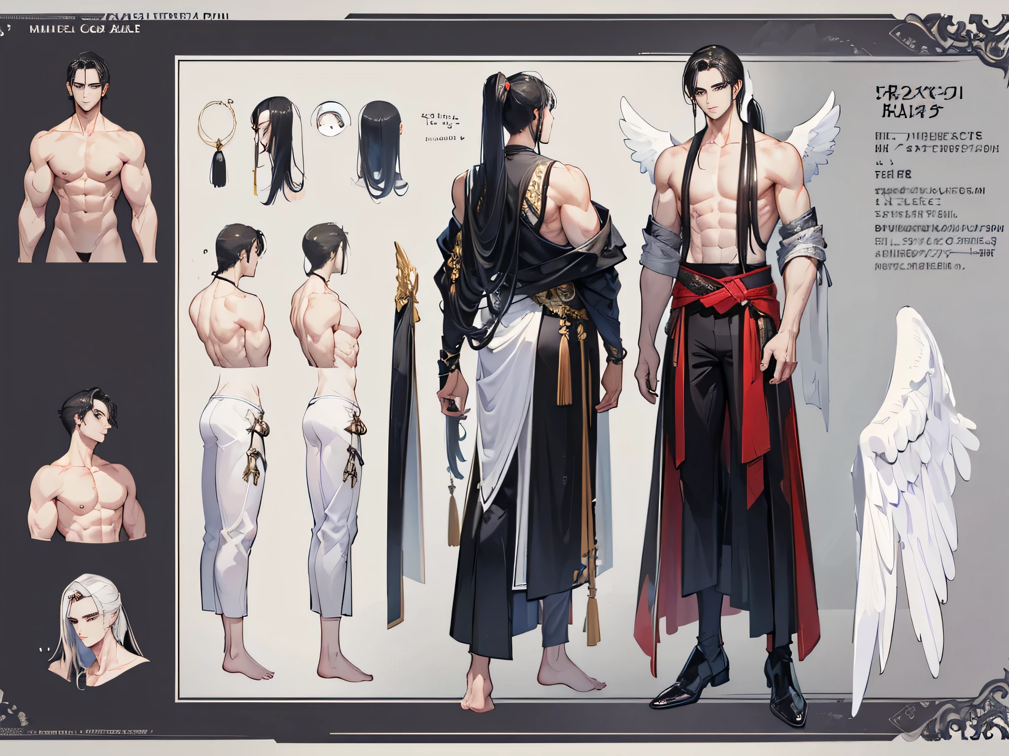 ((Masterpiece, Highest quality)), Male, boy, Detailed face, character design sheet， full bodyesbian, Full of details, frontal body view, back body view, Highly detailed, Depth, Many parts, angel wings, angel outfit, Muscle boy with black long ponytail hair, black hair, handsome man, male angel , man tall, pectoral, abs