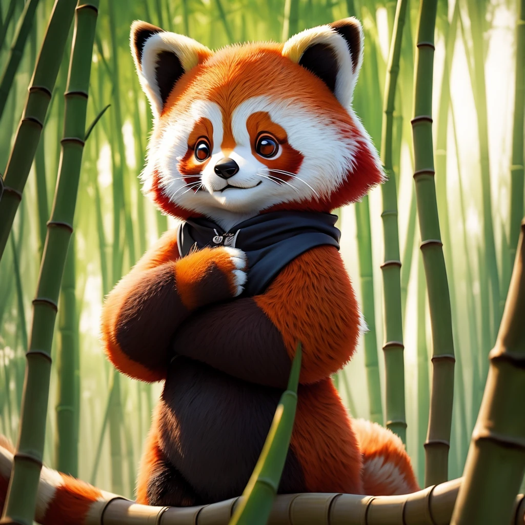 Red panda with a buso in a bamboo forest