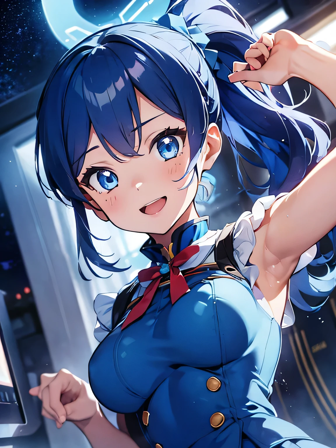 aikatsu,（Overhead view),dynamic angle,ultra-detailed, illustration, close-up, straight on, 1girl, ((blue souryuu asuka langley, interface headset, blue bodysuit:1.4, blue)),Her eyes shone like dreamy stars,(glowing eyes:1.233),(beautiful and detailed eyes:1.1),(expressionless),(standing), (masterpiece, best quality, ultra high res, perfect anatomy, extremely detailed), BREAK, 1girl, , red eyes, side_Ponytail, blue hair, very large ribbon in hair, idol costume, BREAK, (finger pointing), (full face), one eye closed, (open mouth), glow eyes, smile, stage light, (mechanic room with toolsand spaceship windowin a white SPACESHIP), (night:1.2),dreamy, [[delicate fingers and hands:0.55]::0.85],(detail fingers),