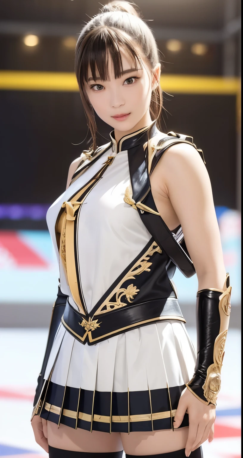 (最high quality, 8k), Shining blonde girl, Brave heroine, Wearing a miniskirt、A shining golden Scalable sword in his hand,Short mini skirt、White panties、 Ultra-high resolution (Ultra-high resolution), masterpiece, Very detailed, Attention to detail, high quality, 最high quality, Clear images, A metal sword with an exquisite texture, The delicate reflection of the blade, Intricately detailed facial features, Pores and wrinkles, Realistic depiction of veins and muscles, Ultra-high resolution, Incredibly clear clothing textures, The height of authenticity.