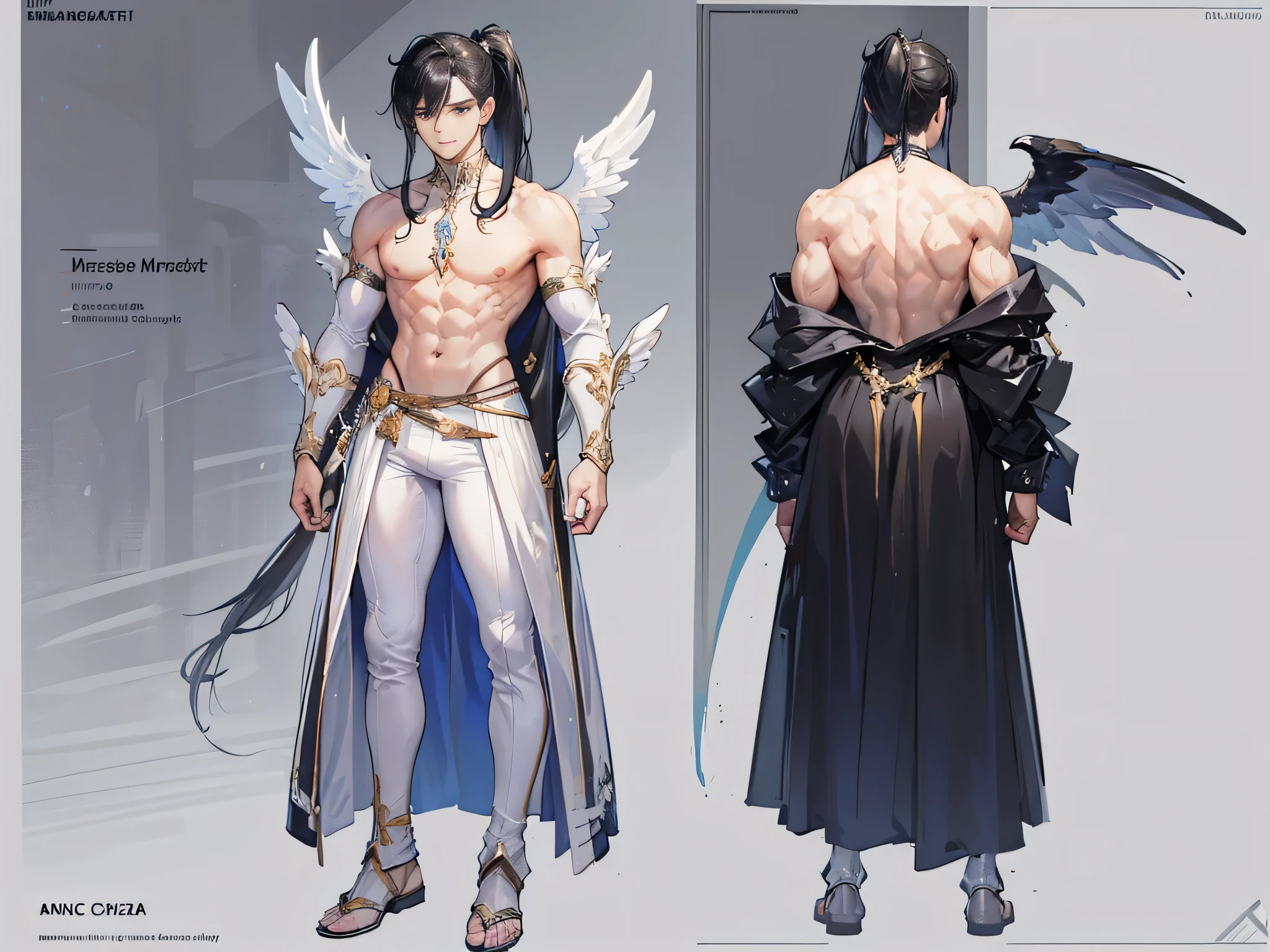 ((Masterpiece, Highest quality)), Male, boy, Detailed face, character design sheet, full bodyesbian, Full of details, frontal body view, back body view, Highly detailed, Depth, Many parts, angel wings, angel outfit, Muscle boy with black long ponytail hair, black hair, handsome man, male angel , man tall