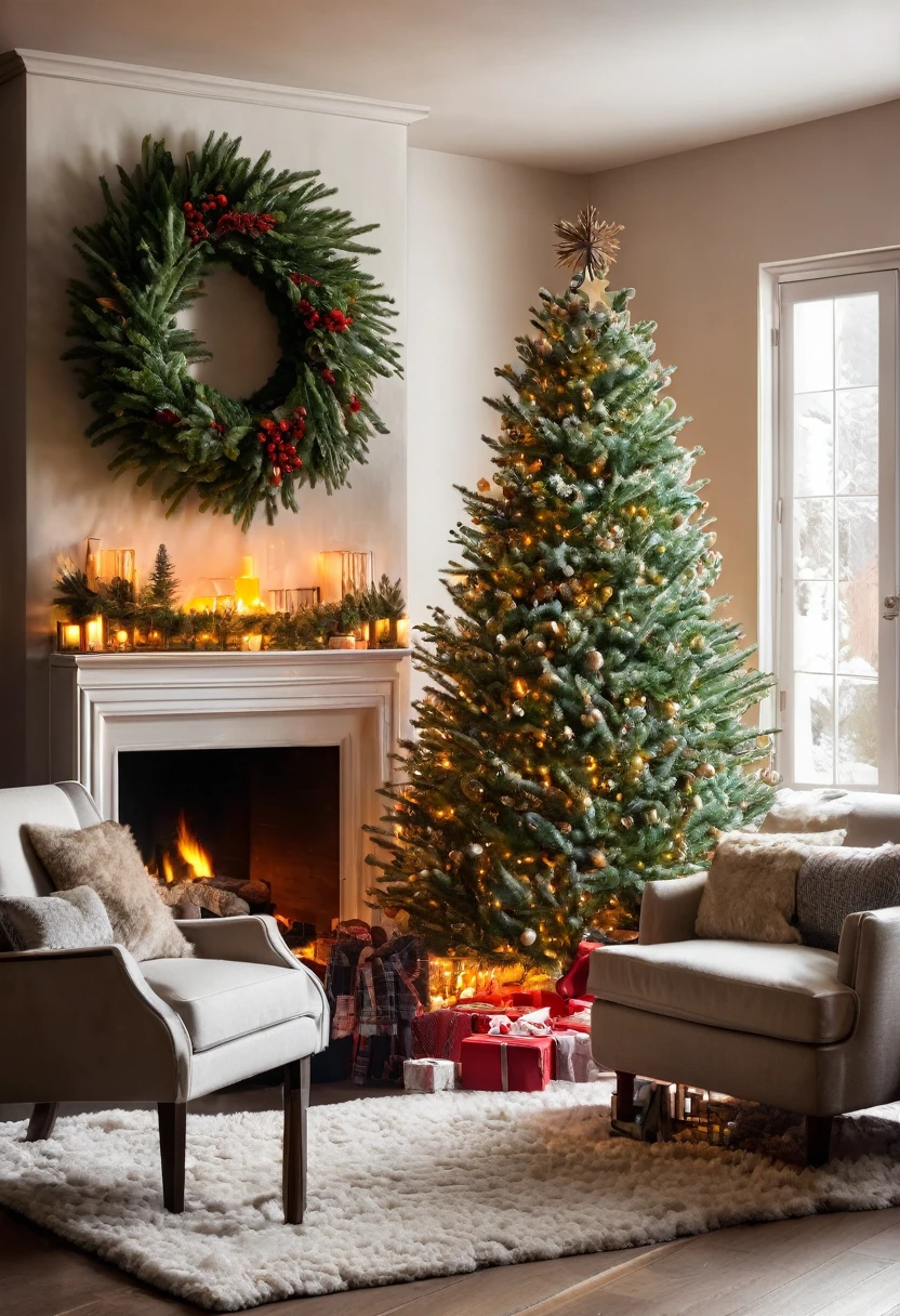 A beautiful living room with fireplace and Christmas tree 