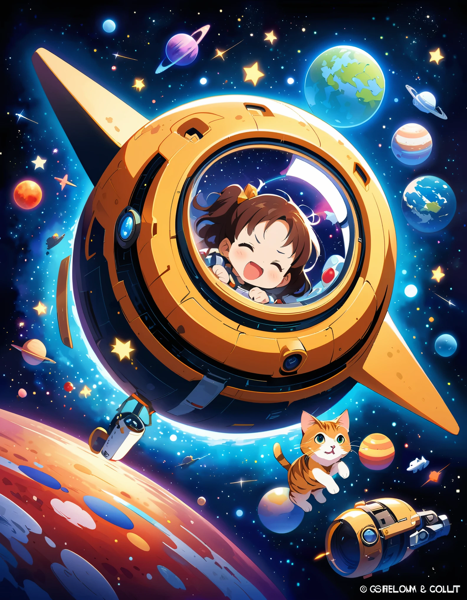 Cartoon illustration of a boy and a girl in space with cat, Official Fan Art, in space, kitten in outer space, in outer space, in deep space, In galaxies, deep space exploration!!!, space travel, Dressed in stars and planets, outer space, outer space, starry sky in space, in space, official art, space, on a spaceship, rich and colorful, Lovely, More detail, Light, more realistic, cartoon