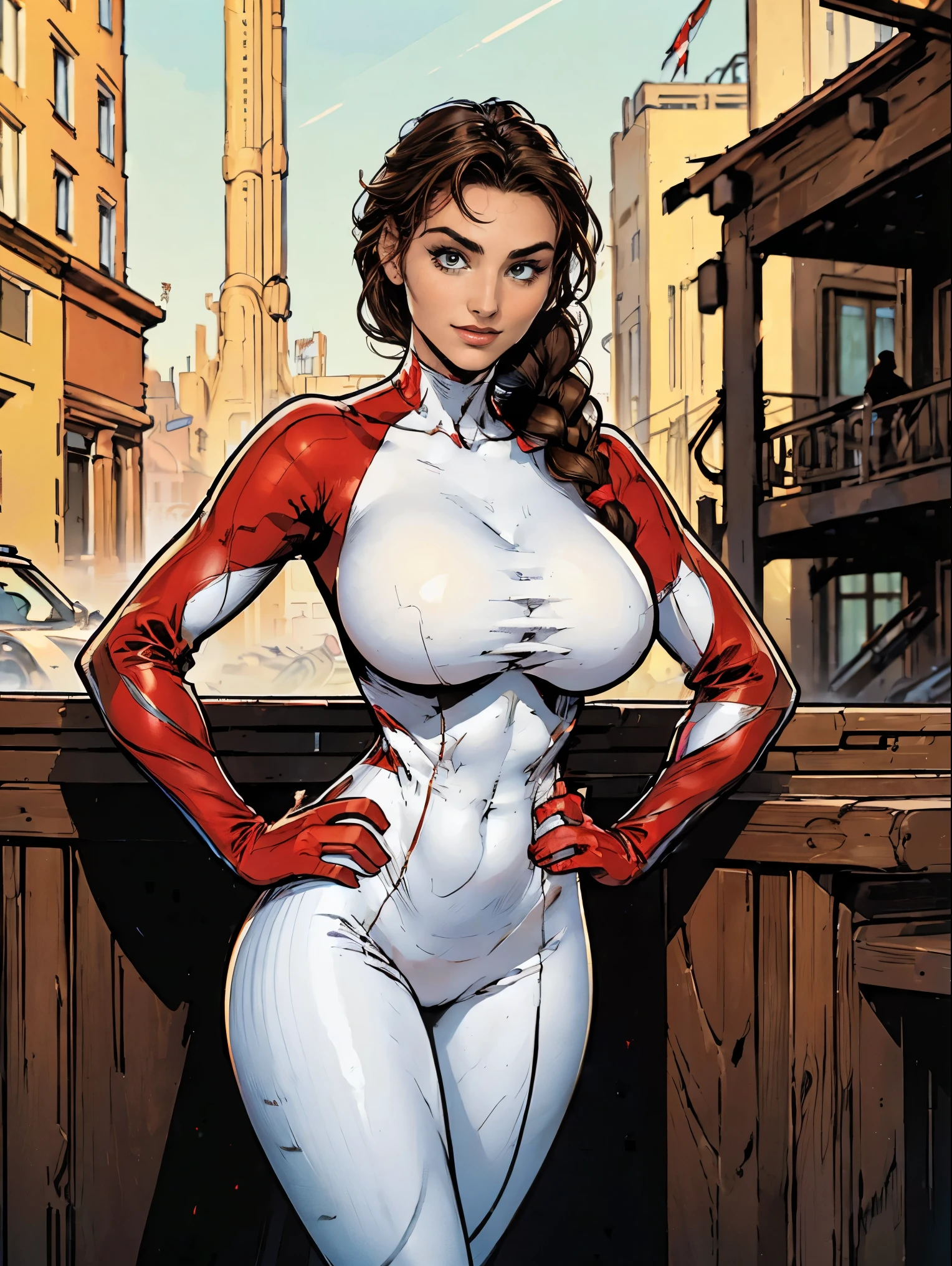 (masterpiece, top quality, best quality, official art, beautiful and aesthetic:1.2), (1girl:1.3), brown hair, braid, extremely detailed, portrait, looking at viewer, solo, (full body:0.6), detailed background, close up, mischievous eyes, (warm city superhero theme:1.1), pleasant smile, brunette, aquiline nose, green eyes, braid, ((gigantic breasts)), (thin), athletic, superhero. Wearing a sleek, satin (high-neck) (sleek white and red striped bodysuit), ((red sleeve stripes, red leg stripes)), (white sides, red center), modest, fully-covered, long red gloves, long red boots, slim waist, slim hips, long legs, modern (city street exterior:1.1) detailed background, bright optimistic lighting, shadows, magical atmosphere, dutch angle
