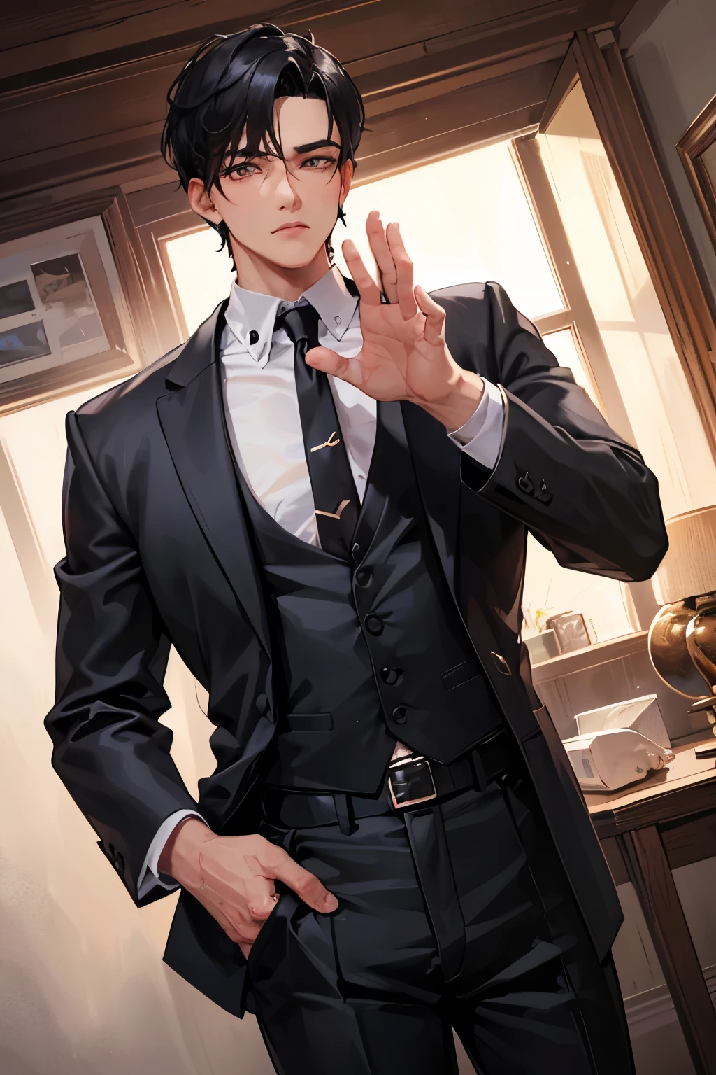 A handsome boy, 20 years old, big eyes, square face, short black hair, muscular, tattoos on his neck, wearing a black suit and shirt, and a middle-aged rich businessman, round face, a little bald, two handshake cooperation, best quality, master work, masterpiece