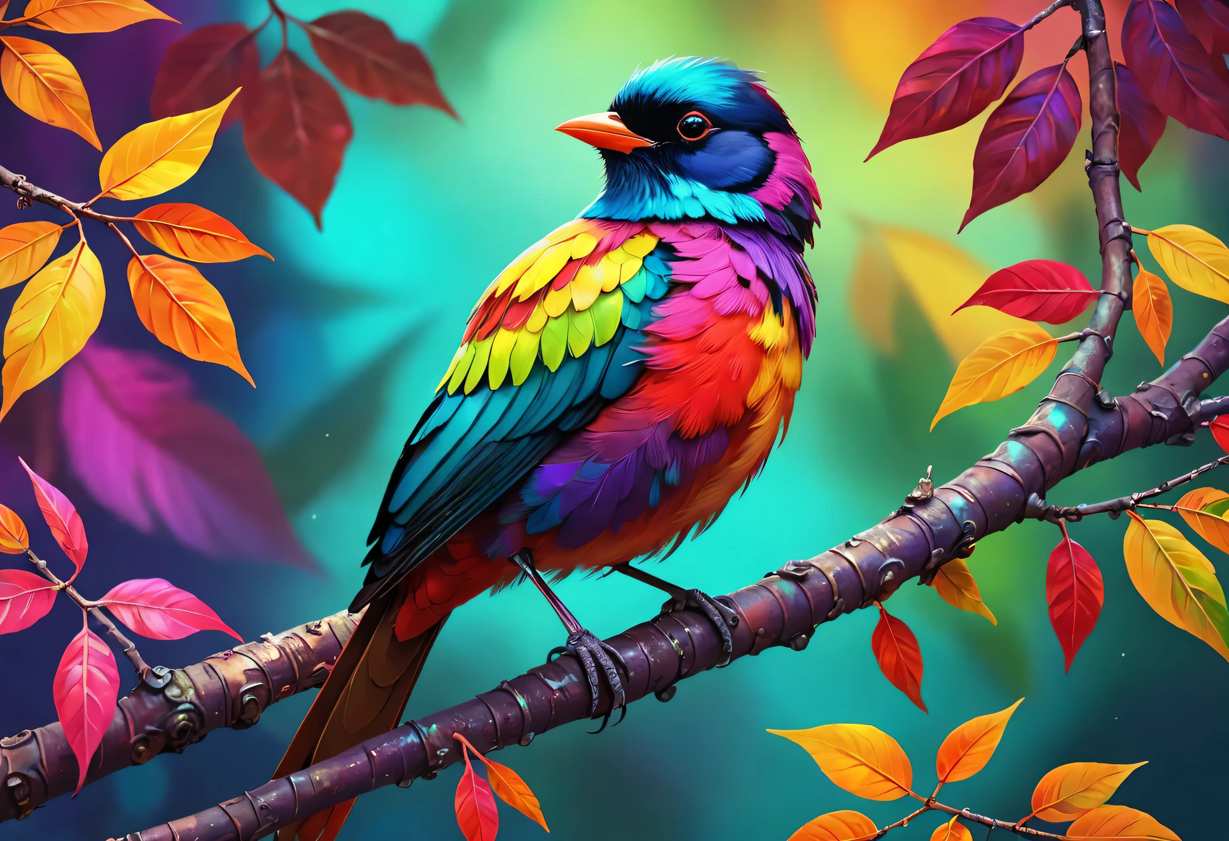 dark,contrast,brightly colored bird sitting on a branch with leaves in the background, a digital painting inspired by Charles Bird King, trending on pexels, fantasy art, colorful hd picure, beautiful and colorful, colorful 8 k, colorful birds, colorful bird with a long, beautiful colorful, beautiful vibrant colors, colorful plumage, colorful 4k, full of colors and rich detail