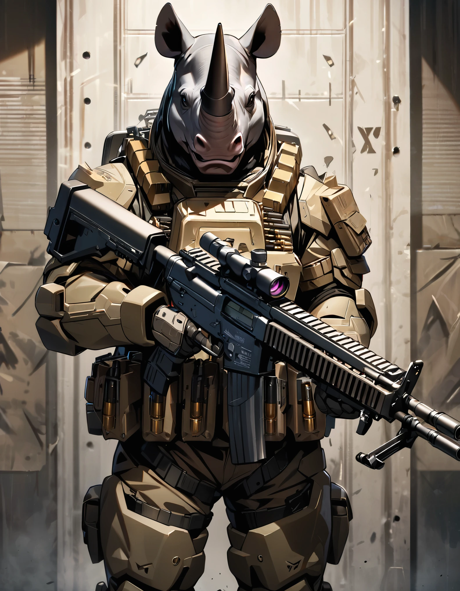 masterpiece, best quality, male focus, Solo, single, humanoid, rhino, rhino's head, armored suit, ammunition belt, holding a machine gun, m249, holding a gun, standing, smug, combat boots, bank backdrop, mutant