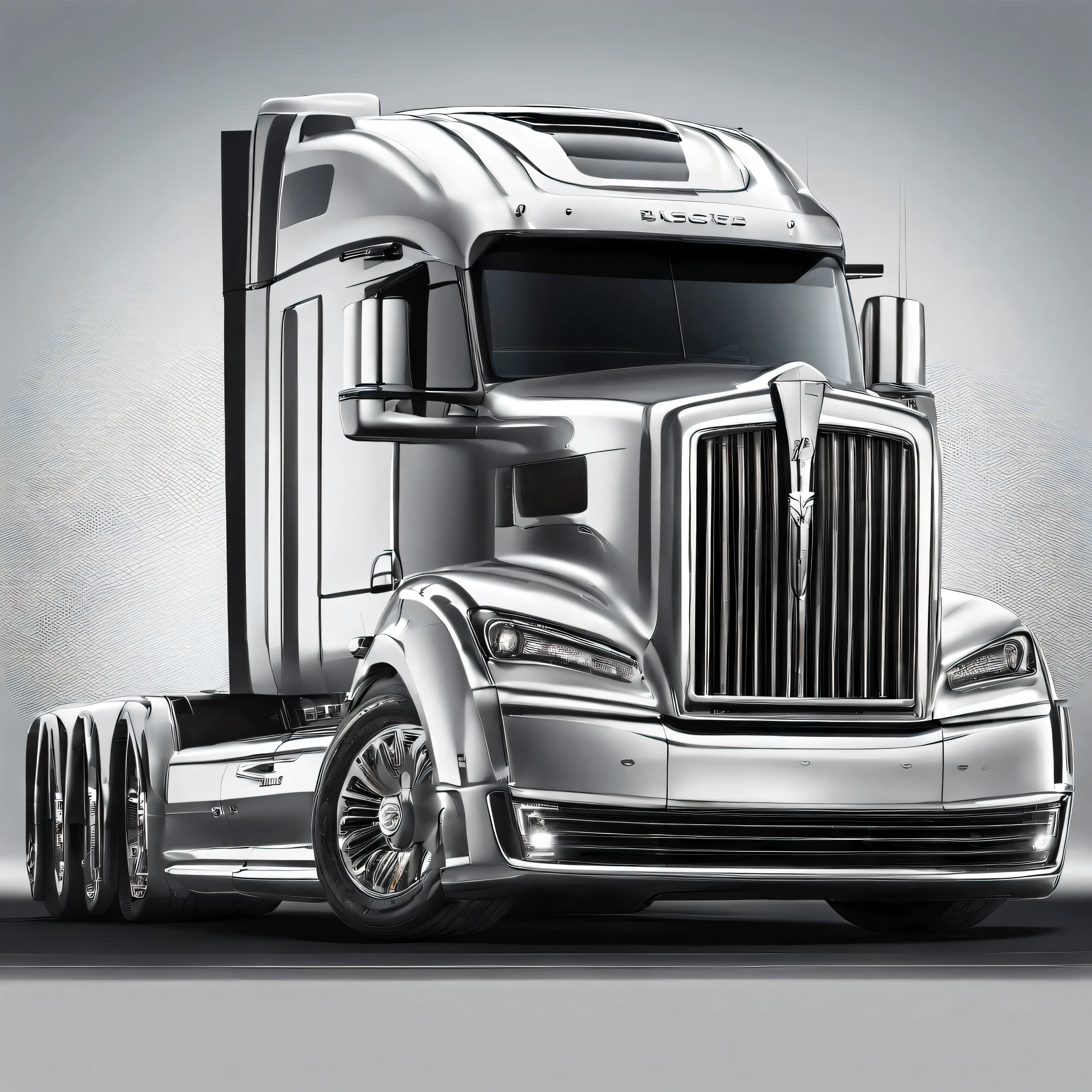 (ultra-detailed,highres,masterpiece:1.2),HDR,UHD,extremely detailed luxury semi truck with sleeper parked on a beautifully landscaped background,medium:realistic, detailed rendering of a 2023 Rolls Royce Ghost semi truck with a glossy black exterior,shiny chrome accents, and large, imposing wheels,professional,portrait-like view of the truck showing its elegant curves and sleek lines,vivid colors,sharp focus on the intricate details of the truck's front grille,headlights,and logo,photorealistic image of the truck's luxuriously appointed sleeper cabin,including plush leather seats,wooden accents,and state-of-the-art technology,concept artist's interpretation of the truck's interior, floor-to-ceiling windows, and panoramic roof,bokeh lighting effect highlighting the truck's regal presence and enhancing its overall appeal,studio lighting emphasizing the truck's high-end craftsmanship and creating a captivating ambiance,exquisite attention to detail in capturing the truck's signature features, such as the iconic Rolls Royce Spirit of Ecstasy figurine, and the elegant Spirit of Ecstasy illuminated grille ornament,meticulously rendered street scene,reflecting the truck's opulence and exclusivity,photography-inspired composition, capturing the truck from an artistic angle,highlighting its grandeur and conveying a sense of power and sophistication.