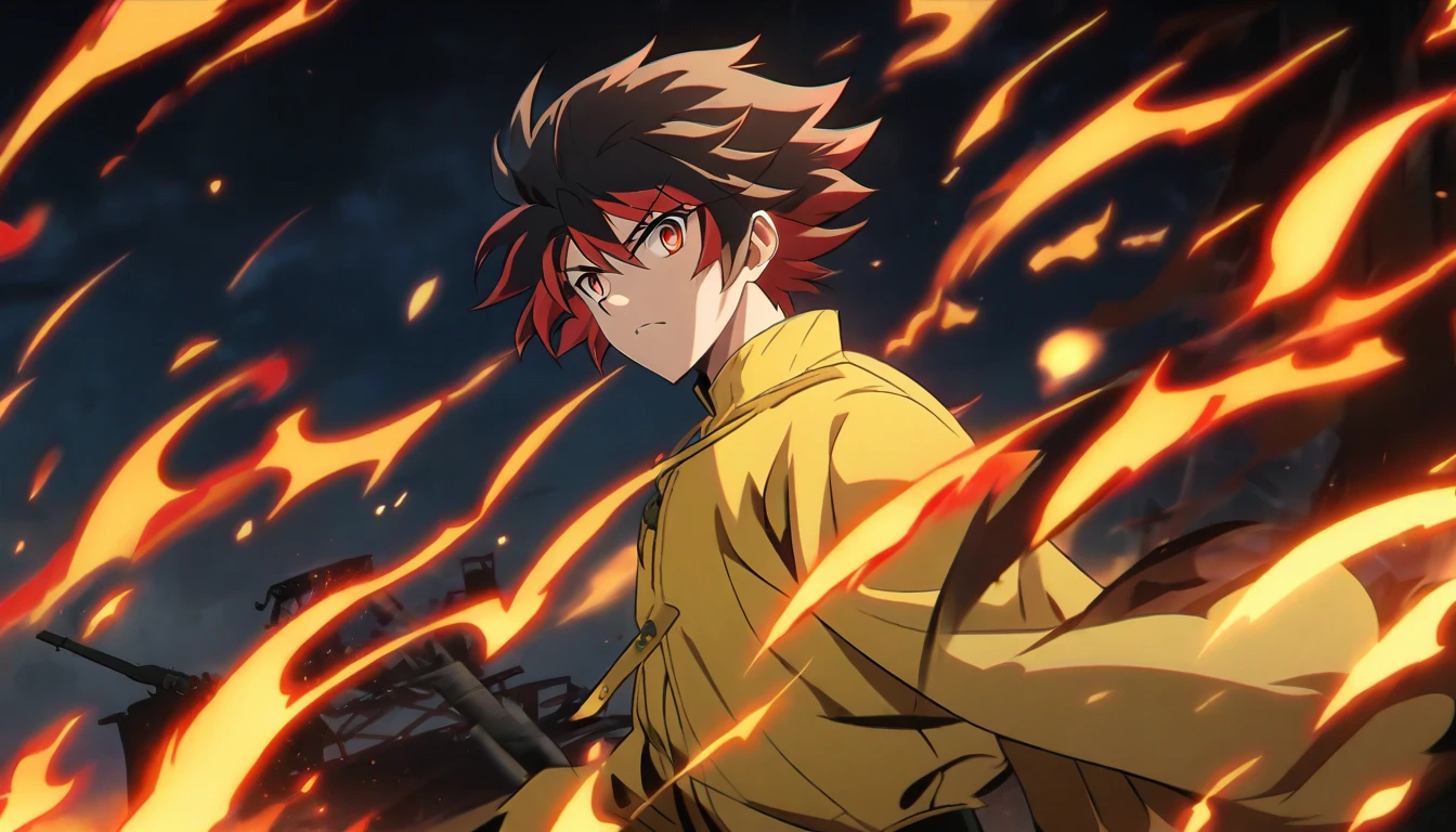 Anime Style,male Black Clover style,Black hair,Red multicolored hair,Red eyes,Yellow Left eyes,Yellow Outfit,Fire effect,Wind effect,Night Background,Gun frontline