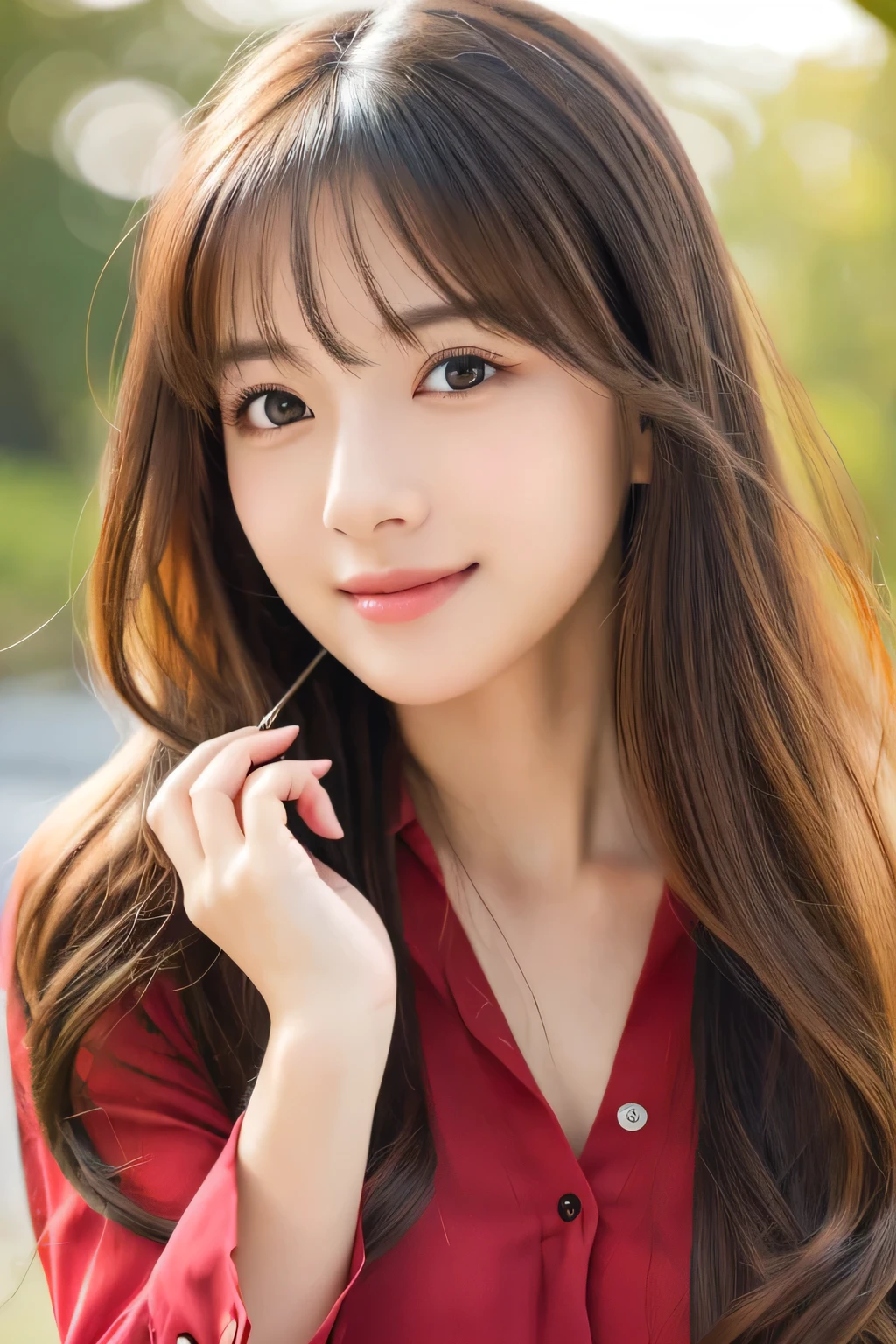 (((8k,Attention to detail,Attention to detail、highest quality,masterpiece,Attention to detail,alone))),RAW Photos & Realistic atmosphere,Beautiful dark eyes,Mouth Details,Glossy Lips,Thin eyebrows,beautiful Eyes、Soft white skin that shines in every detail、Her deep black eyes are very beautiful,Lip details、Very beautiful face,Very beautiful face、Lively Faces,beautiful, Glowing Lips,beautiful Eyebrows,Infinite Reality, Realistic Young Gravure Idol,Very cute woman , Young Gravure Idol, Young Gravure Idol, とても美しくてかわいいbeautiful 21 year old beauty,Incredibly beautiful and elegant,beautiful 21 year old beauty,Natural soft light,(Shiny Hair,,beautiful and kind eyes:1.5),A kind smile,Shapely breasts,Medium Long Hair,Tying up hair,beautiful posture,No makeup,Watching the Future,Red Shirt,