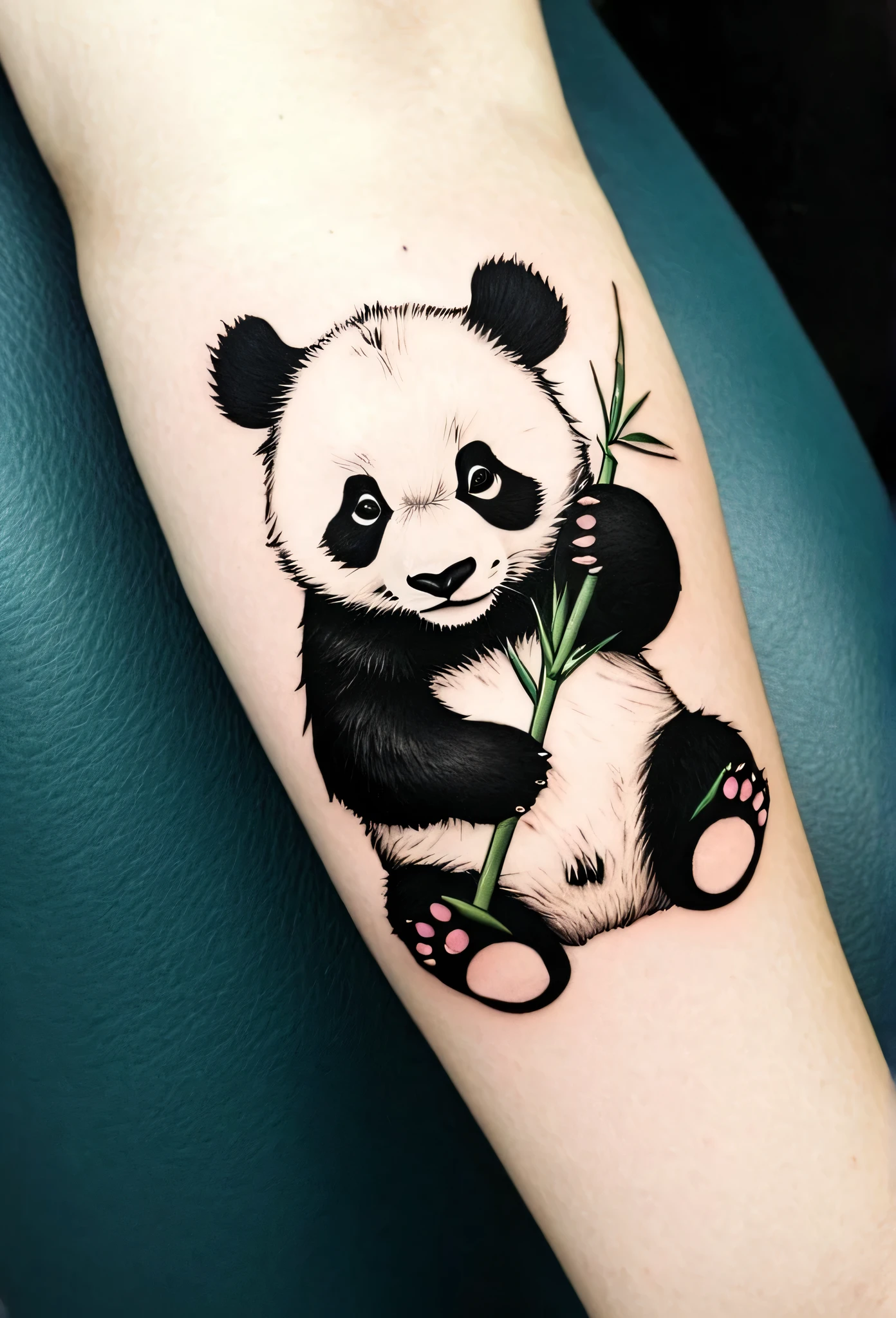 Minimalist cute panda tattoo at the arm, detalied, photorealistic 