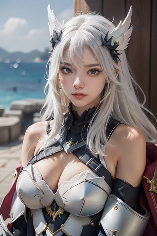 Best quality, masterpiece, detailed,
Rossweiss, Rossweisse 1 girl, closed mouth, slight smile,
White hair, green eyes, sea green eyes, long hair, hair ornament,
armor, mittens, bare shoulders,
I look at the viewer,
on open air