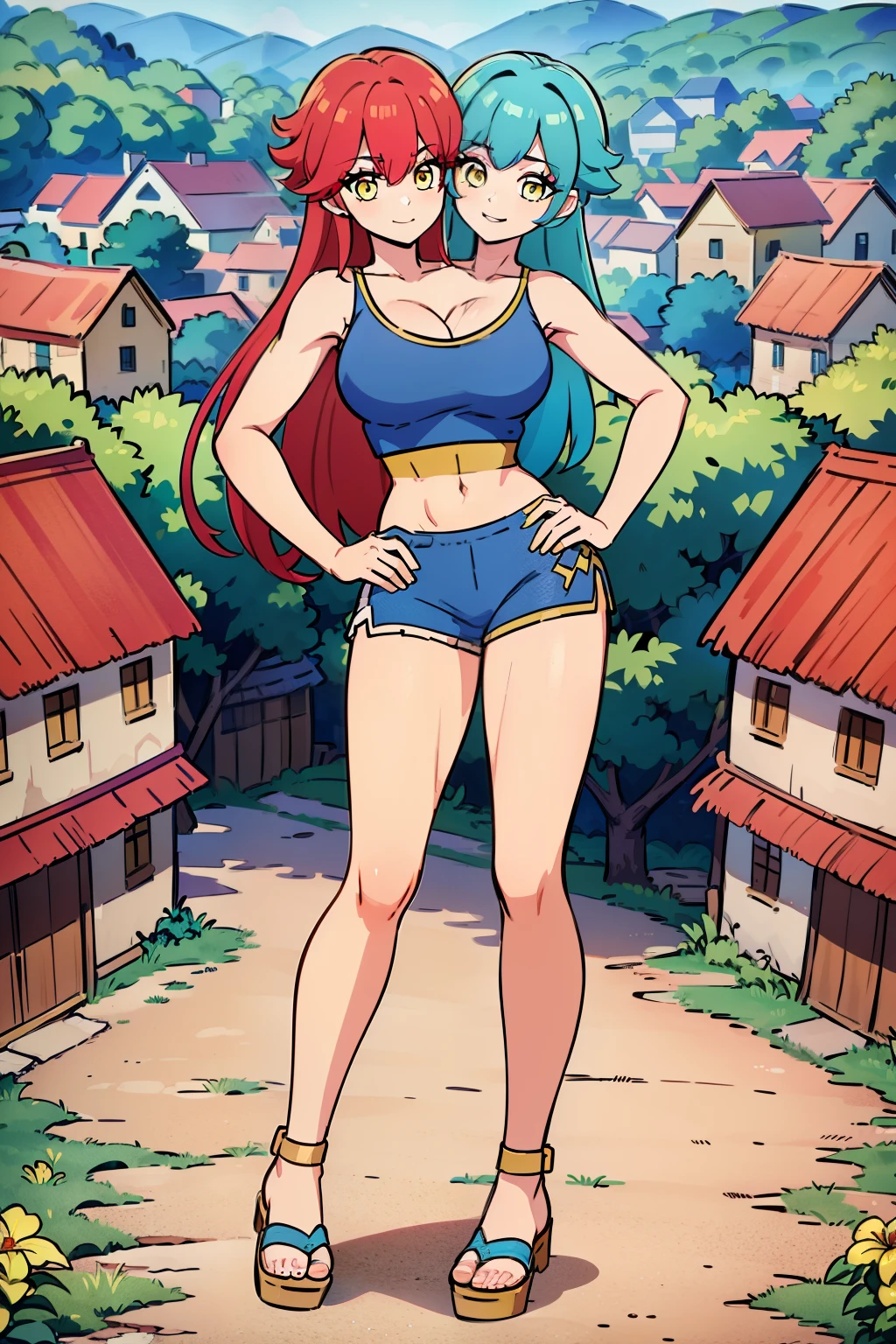 best quality, (masterpiece),(ultra-detailed), (high quality), (high resolution), ((2heads:1.5)), best quality:1.5, highres, UHD, 16K), ((two headed woman)), smiling, highres, masterpiece, ((vibrant red hair:1.5)), ((vibrant blue hair:1.5)), ((different hair colors)), cleavage, ((yellow crop top:1.5)), lustrous and smooth skin, seductive silhouette, yellow top, sexy proportions, Beautiful girl with accentuated slender abs, ((full body)), ((village background:1.5)), ((exposed midriff)), body con outfit, strapless, sleeveless, yellow eyes, ((long hair)), ((sandals))