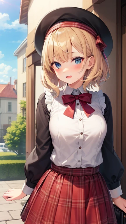 mesa、high resolution、1 chica en、una minifalda、Gorra de caza、British Costume、Cute anime illustration、