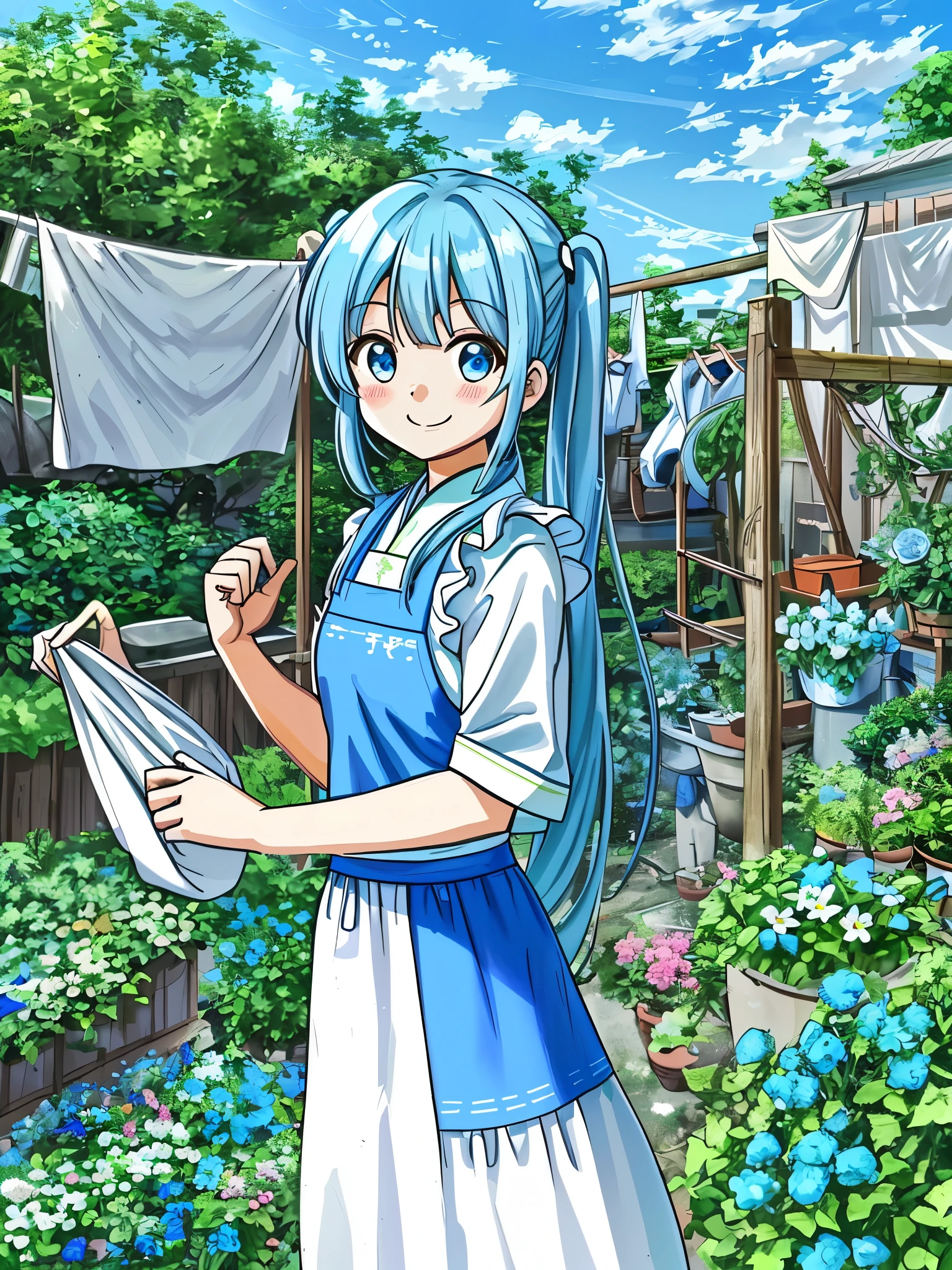 blue sky、Light blue long hair、Beautiful girl with twin tails、Home garden full of flowers、Hanging out the laundry with a smile、物干し竿にLots of laundry、Wearing an apron、Cute Costumes、Bright smile、Lots of laundry、