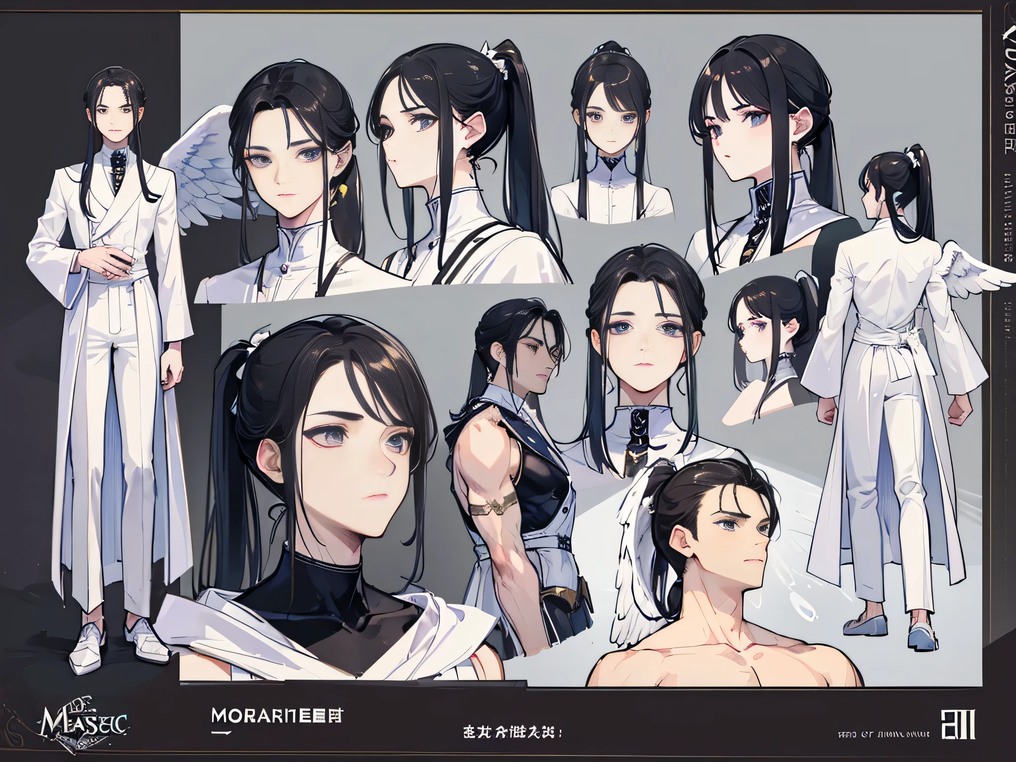 ((Masterpiece, Highest quality)), Male, boy, Detailed face, character design sheet， full bodyesbian, Full of details, frontal body view, back body view, Highly detailed, Depth, Many parts, angel wings, angel outfit, Muscle boy with black long ponytail hair, black hair, handsome man, male angel , man tall 
