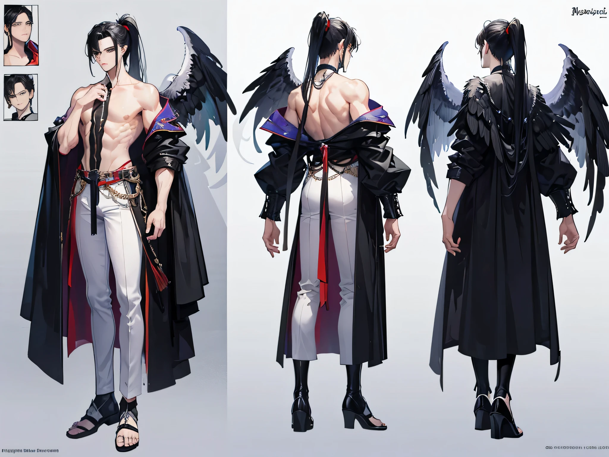 ((Masterpiece, Highest quality)), Male, boy, Detailed face, character design sheet, full bodyesbian, Full of details, frontal body view, back body view, Highly detailed, Depth, Many parts, angel wings, angel outfit, Muscle boy with black long ponytail hair, black hair, handsome man, male angel , man tall