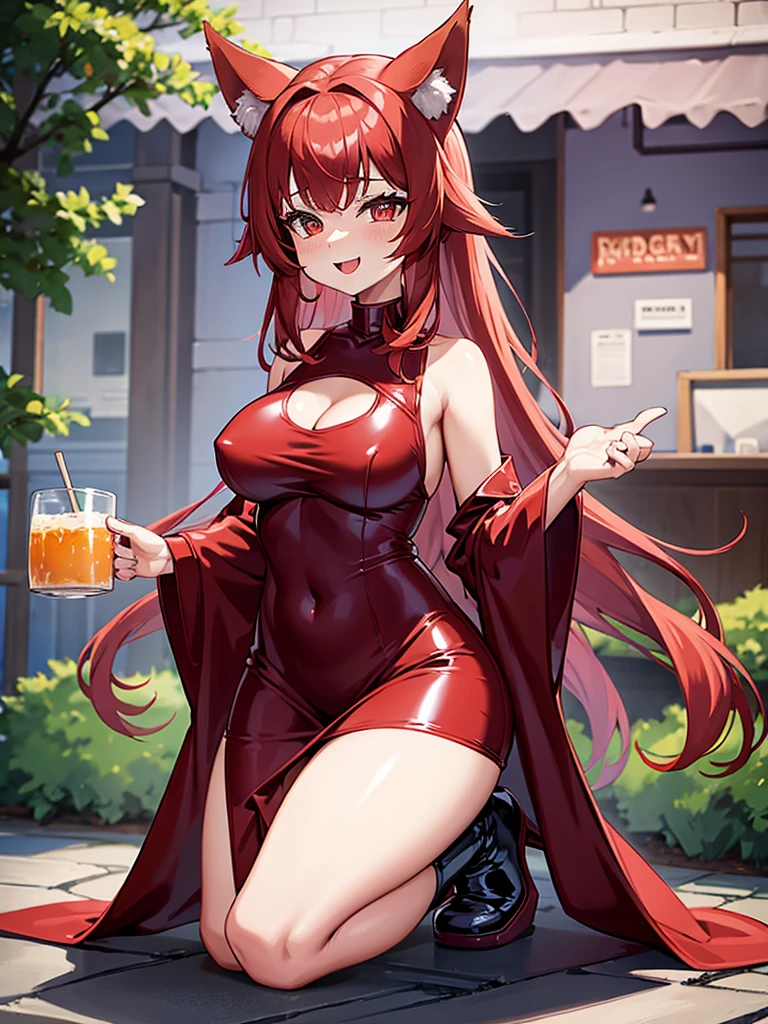 Happy woman, with wolf ears and red hair, holding her cheeks, wolf tail, wearing a latex dress, looking at veiwer, full body, you can see her chest, naked breasts