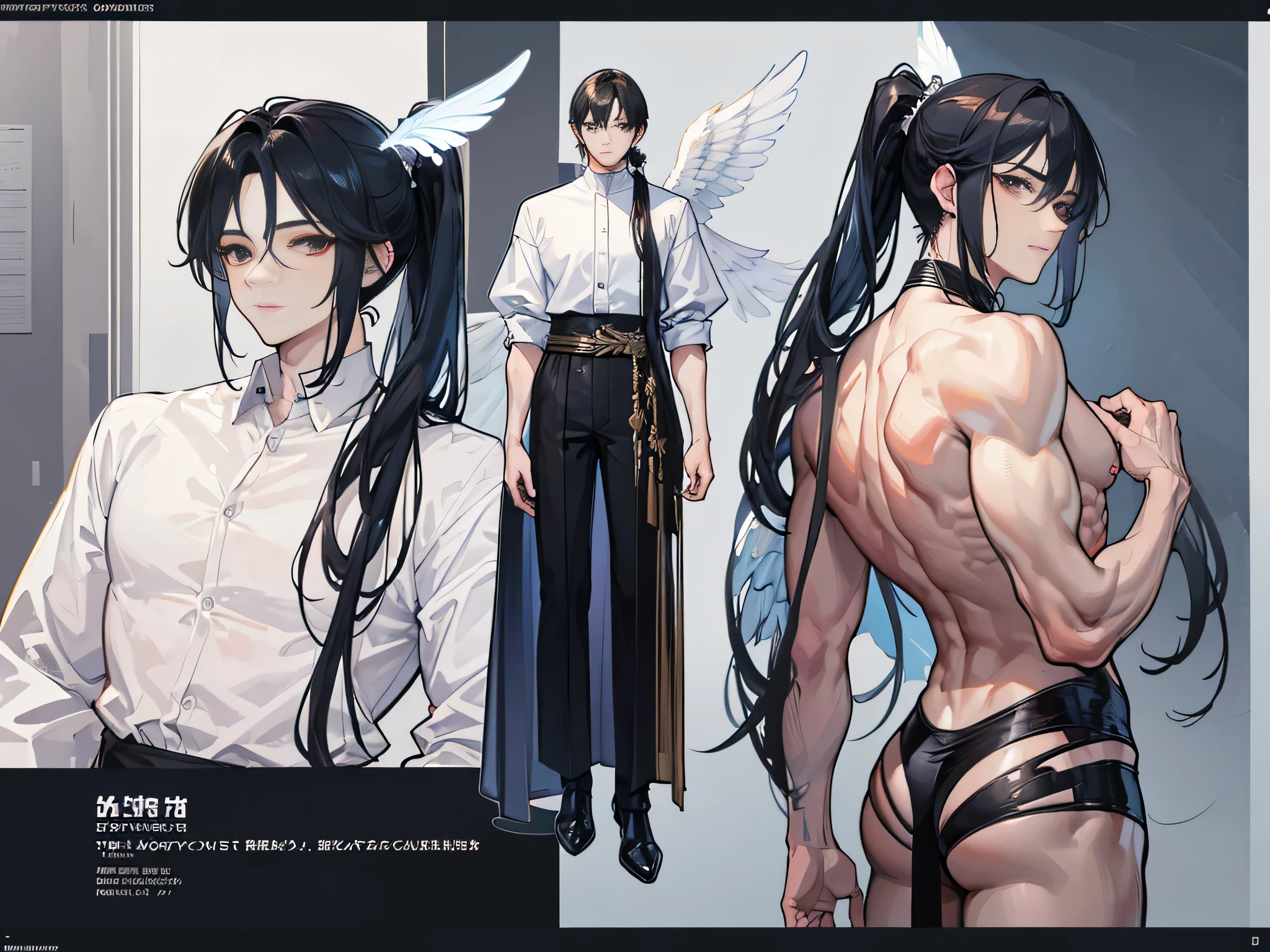 ((Masterpiece, Highest quality)), Male, boy, Detailed face, character design sheet, full bodyesbian, Full of details, frontal body view, back body view, Highly detailed, Depth, Many parts, angel wings, angel outfit, Muscle boy with black long ponytail hair, black hair, handsome man, male angel , man tall