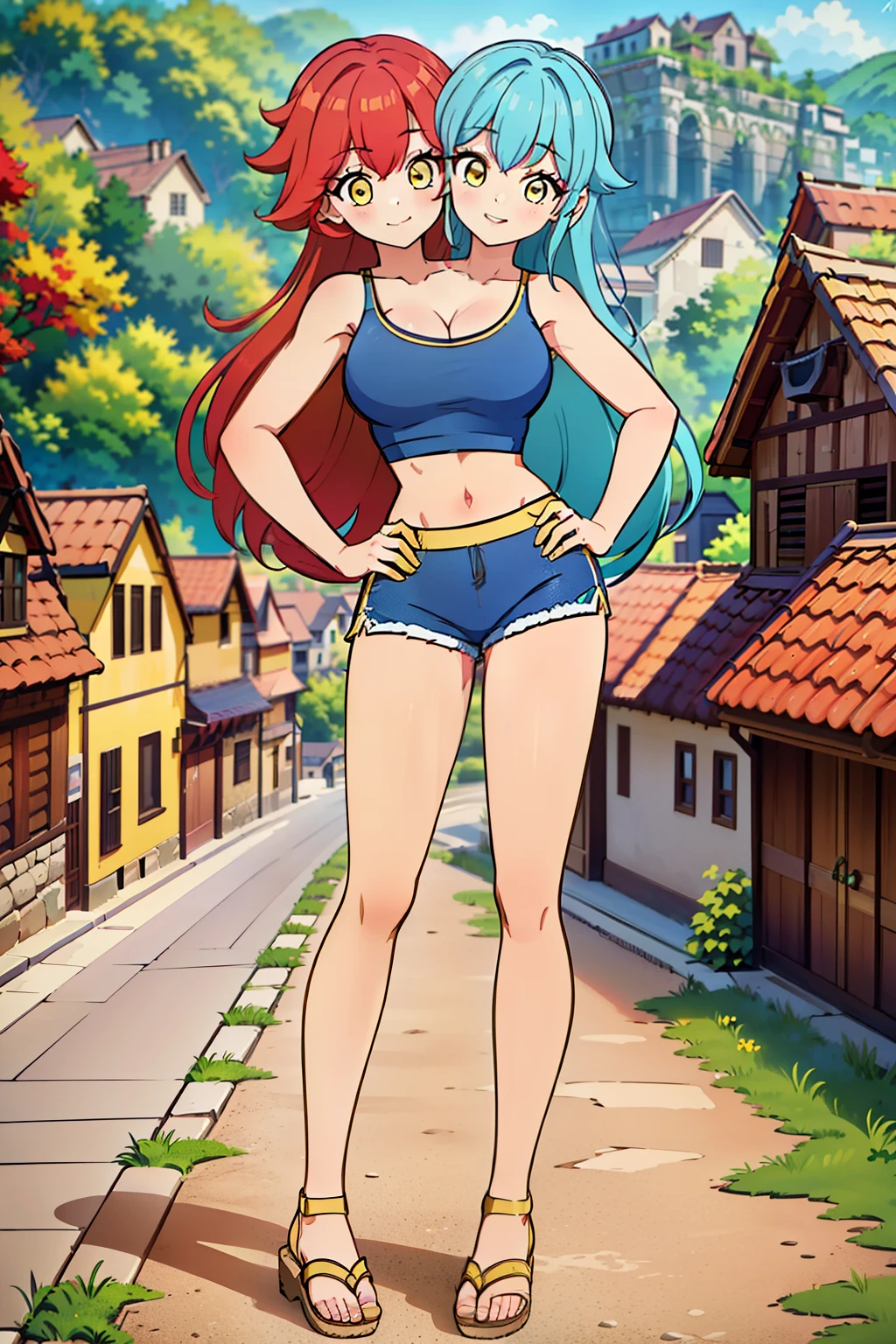 best quality, (masterpiece),(ultra-detailed), (high quality), (high resolution), ((2heads:1.5)), best quality:1.5, highres, UHD, 16K), ((two headed woman)), smiling, highres, masterpiece, ((vibrant red hair:1.5)), ((vibrant blue hair:1.5)), ((different hair colors)), cleavage, ((yellow crop top:1.5)), lustrous and smooth skin, seductive silhouette, strapless tank top, sexy proportions, Beautiful girl with accentuated slender abs, ((full body)), ((village background:1.5)), ((exposed midriff)), body con outfit, sleeveless top, yellow eyes, ((long hair)), ((sandals))