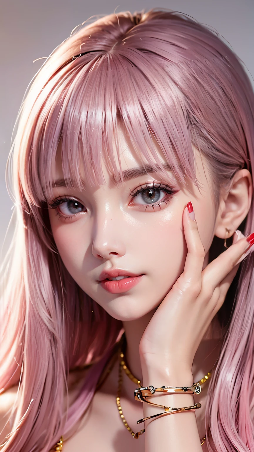 One Girl, alone, Long Hair, View audience, smile,jewelry, Pink Hair、 Mouth closed, Blunt bangs, Manicure, bracelet, lips, Grey Eyes, Portraiture, Red nails, close, red lips, Put your hands on your face, Put your hand on your cheek,(Mature Woman),(Shiny skin),((Steaming body))