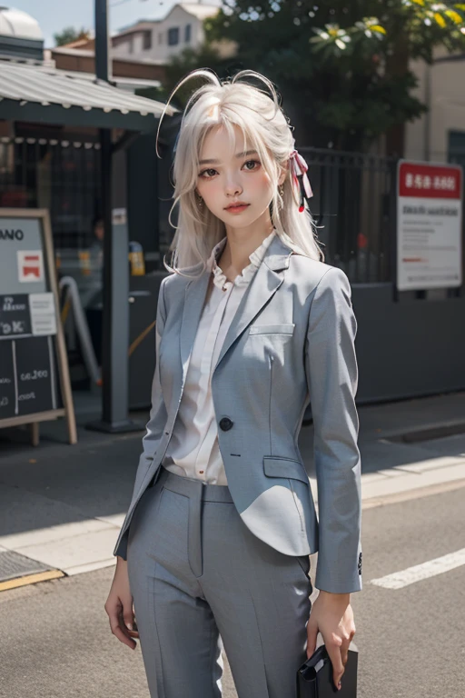 Best quality, masterpiece, detailed,
Rossweiss,
1 girl, closed mouth, slight smile,
White hair, sea green eyes, antenna hair, long hair, hair ribbon,
black suit, formal, trousers,
I look at the viewer,
on open air