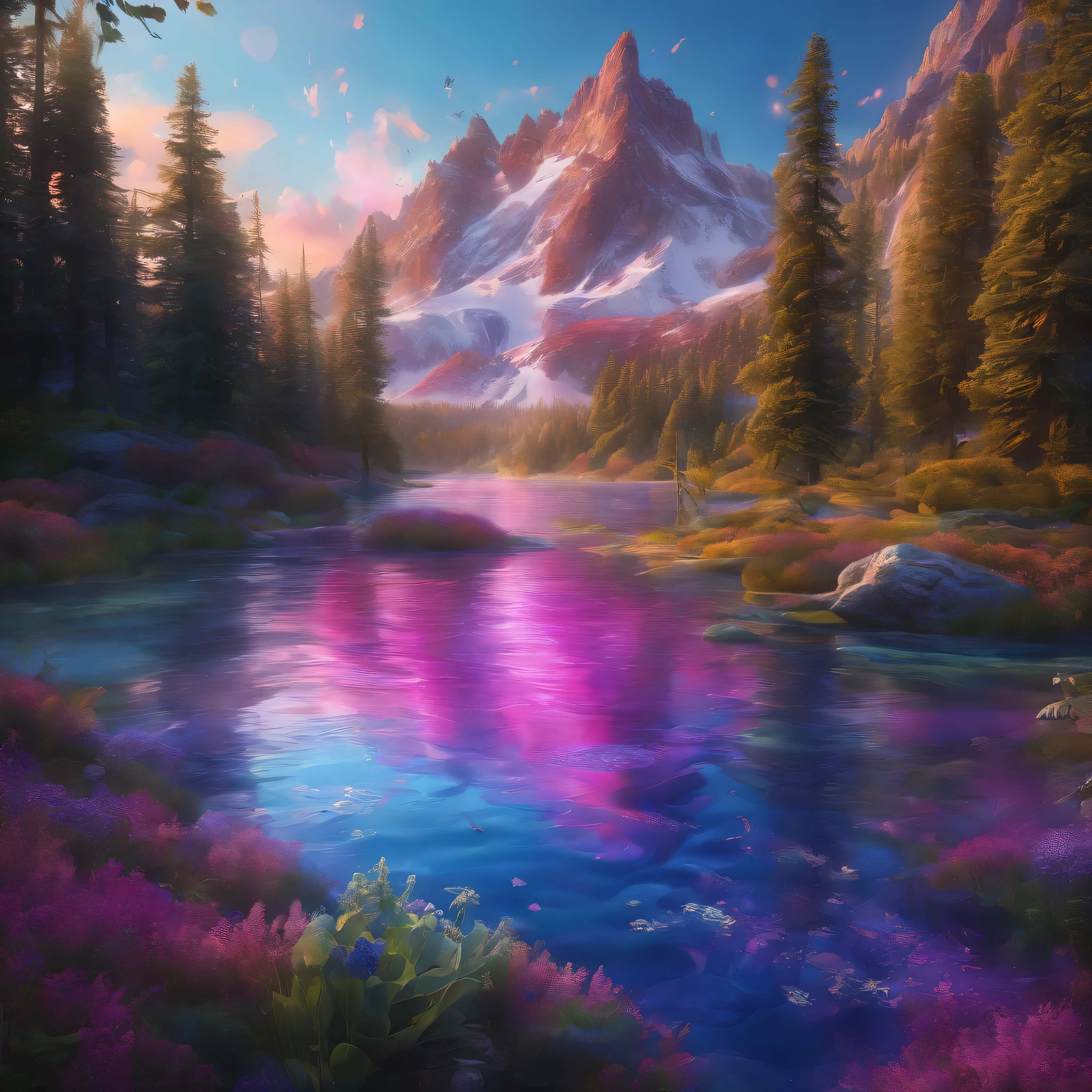 (best quality,8k,highres,hyperrealism:1.2),vibrant colors,sharp focus,insanely detailed,Libertywave style, (hyper-realistic,photorealistic:1.37) rendition of an ethereal scene. The image showcases the immense beauty of nature in stunning detail, capturing the essence of the Libertywave art style.

The centerpiece of the artwork is a breathtaking landscape, with majestic mountains stretching towards the heavens. These mountains are covered in a vibrant tapestry of lush greenery, with trees standing tall and proud, adorned with vibrant leaves that shimmer and dance in the wind. The sunlight cascades through the trees, casting enchanting patterns of light and shadow on the terrain below.

In the foreground, a crystal-clear river meanders through the landscape, reflecting the surrounding scenery with perfect clarity. The water ripples gently, creating a sense of tranquility and serenity. Delicate flowers adorn the riverbanks, their petals showcasing an array of colors, from deep purples to vibrant pinks.

As you explore the image further, your eyes are drawn to the sky above. The heavens are ablaze with a stunning display of colors, as if the Aurora Borealis has descended upon this ethereal world. Ribbons of vibrant blues, purples, and pinks dance across the night sky, creating a mesmerizing spectacle that illuminates the entire scene.

Every element of the image is meticulously crafted with hyperrealistic detail. Every leaf, every blade of grass, and every petal is rendered with impeccable precision, allowing the viewer to fully immerse themselves in this magical world. The colors are vibrant and intense, evoking a sense of wonder and joy.

The image is rendered in 8k high definition, ensuring that every minute detail is captured with utmost clarity. The sharp focus allows the viewers to appreciate the intricate textures and patterns present throughout the artwork. The result is a visually stunning masterpiece that transports viewers to a realm of beauty and serenity.
