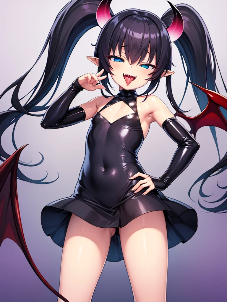 tachi-e, game cg, Highly detailed and realistic CG, Colorful, Masterpiece, Best Quality, jewel-like eyes, 1girl, solo, black hair, shiny hair, long straight hair, very long twintails, slender, skinny legs, succubus girl,succubus luxury dress, mini skirt, succubus boots, aqua blue eyes, flat chest, black elbow gloves, latex, smirk, smile, jitome, half-closed eyes, tsurime, simple background, from pov, best quality eyes, sharp teeth, tsundere, standing, contrapposto, hand on hip, (shiny skin:1.0), succubus wings, succubus tail, mesugaki, teasing, smug, cute girl, , open mouth, fangs, tongue out, pointy ears, pink heart tattoo, (Sharp Focus:1.2), Thin arms, Thin legs, outline, Evil Female Executive Succubus,