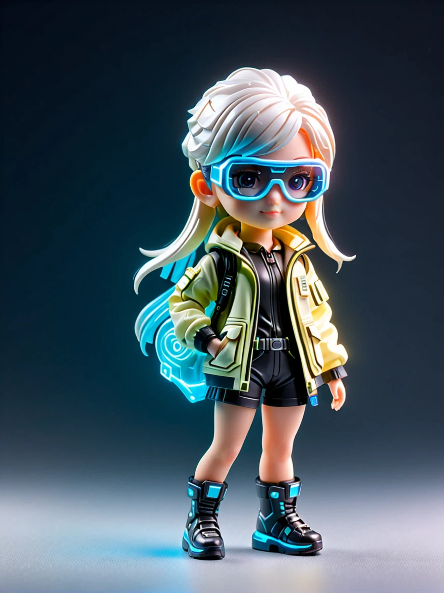 blind box,plastic toy,3D tous,IP model,A cute of the world, white hair, tech goggles, a holo-glowing translucent jacket, Time travel device,a lot of decoration, precision mechanical parts, glossy materials, futuristic, cyberpunk,Pixar,resin material,full body,full Shot,Simple background,display lighting,volumetric lighting,3d,c4d,oc render,volume rendering,extremely detailed details,HDR,8K Resoulution
