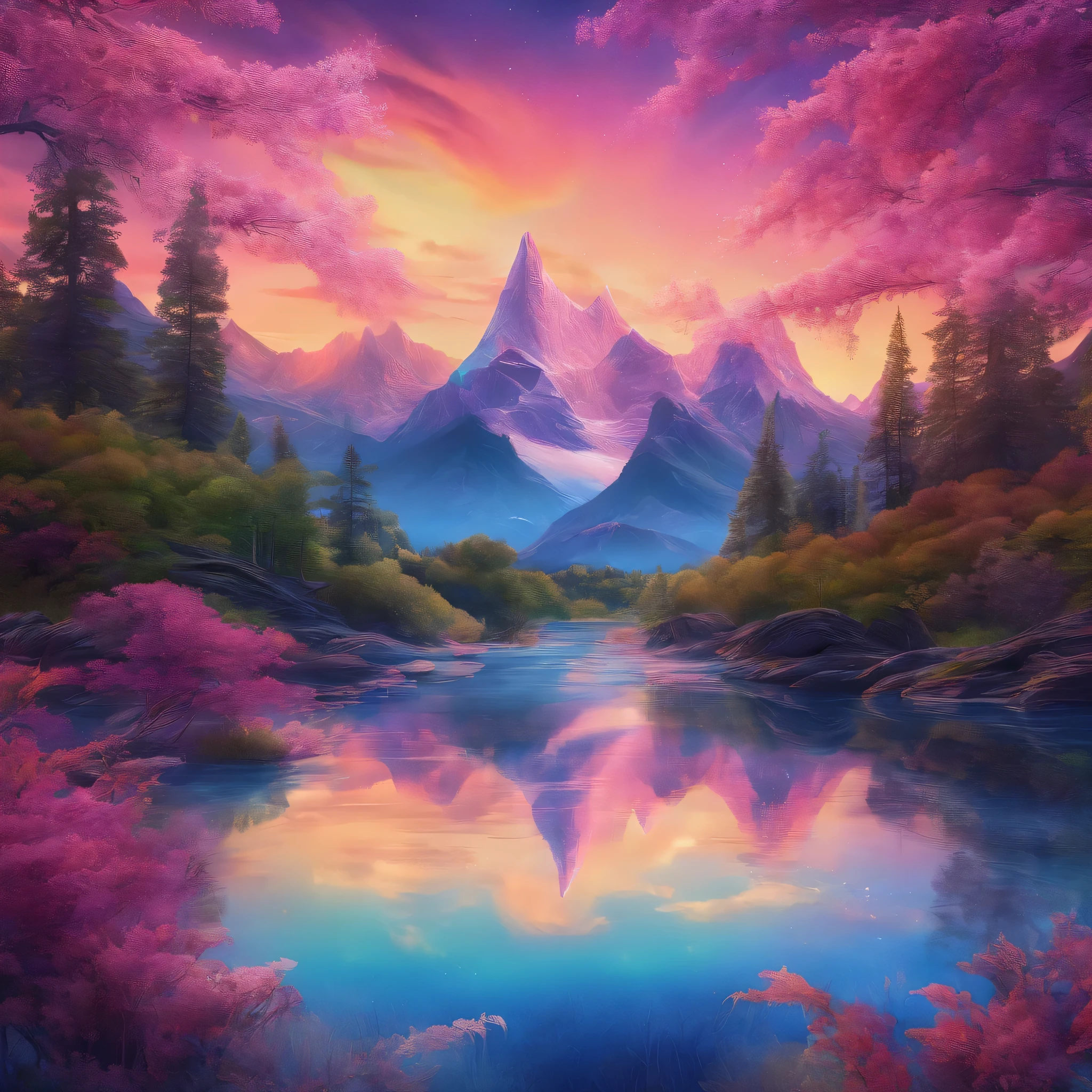(best quality,8k,highres,hyperrealism:1.2),vibrant colors,sharp focus,insanely detailed,Libertywave style, (hyper-realistic,photorealistic:1.37) rendition of an ethereal scene. The image showcases the immense beauty of nature in stunning detail, capturing the essence of the Libertywave art style.
The centerpiece of the artwork is a breathtaking landscape, with majestic mountains stretching towards the heavens. These mountains are covered in a vibrant tapestry of lush greenery, with trees standing tall and proud, adorned with vibrant leaves that shimmer and dance in the wind. The sunlight cascades through the trees, casting enchanting patterns of light and shadow on the terrain below.
In the foreground, a crystal-clear river meanders through the landscape, reflecting the surrounding scenery with perfect clarity. The water ripples gently, creating a sense of tranquility and serenity. Delicate flowers adorn the riverbanks, their petals showcasing an array of colors, from deep purples to vibrant pinks.
As you explore the image further, your eyes are drawn to the sky above. The heavens are ablaze with a stunning display of colors, as if the Aurora Borealis has descended upon this ethereal world. Ribbons of vibrant blues, purples, and pinks dance across the night sky, creating a mesmerizing spectacle that illuminates the entire scene.
Every element of the image is meticulously crafted with hyperrealistic detail. Every leaf, every blade of grass, and every petal is rendered with impeccable precision, allowing the viewer to fully immerse themselves in this magical world. The colors are vibrant and intense, evoking a sense of wonder and joy.
The image is rendered in 8k high definition, ensuring that every minute detail is captured with utmost clarity. The sharp focus allows the viewers to appreciate the intricate textures and patterns present throughout the artwork. The result is a visually stunning masterpiece that transports viewers to a realm of beauty and serenity.
