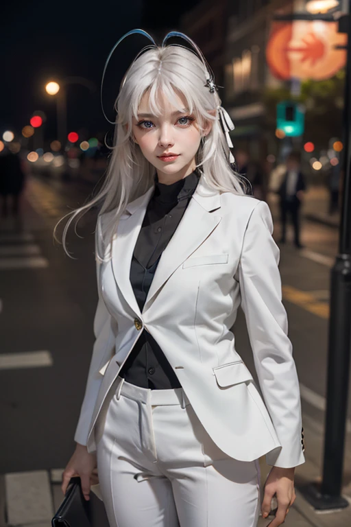 Best quality, masterpiece, detailed,
Rossweiss,
1 girl, closed mouth, slight smile,
White hair, sea green eyes, antenna hair, long hair, hair ribbon,
black suit, formal, trousers,
I look at the viewer,
on open air