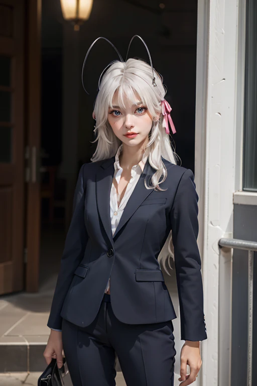 Best quality, masterpiece, detailed,
Rossweiss,
1 girl, closed mouth, slight smile,
White hair, sea green eyes, antenna hair, long hair, hair ribbon,
black suit, formal, trousers,
I look at the viewer,
on open air