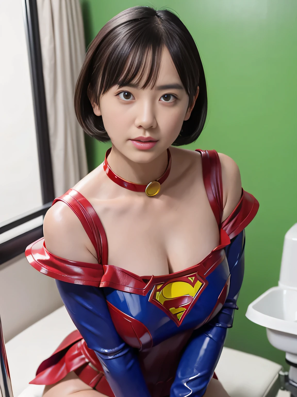 masterpiece、Enamel Supergirl Costume、Short Hair、Hospital operating table、Crisis situation、Big and ample breasts、looking at the camera、Shiny、Off the shoulder、choker、Long sleeve、Red exy poses to seduce、Sweaty、Model Body Type、Alluring、charm、Enchanting、Abused、test subject、victim、Wild、Photorealistic、latex、