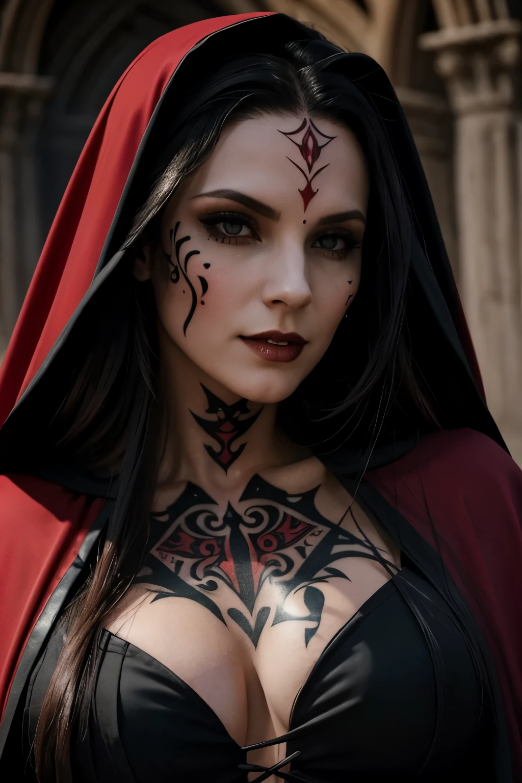 woman vampire de 25 anos, face tattoo {tribal red colored}, big tits, wearing black cleric cloak and black cleric tunic with a sensual cleavage, segurando um cajado maligno, no meio de um castelo, luz focada no rosto, postura dominadora, close up