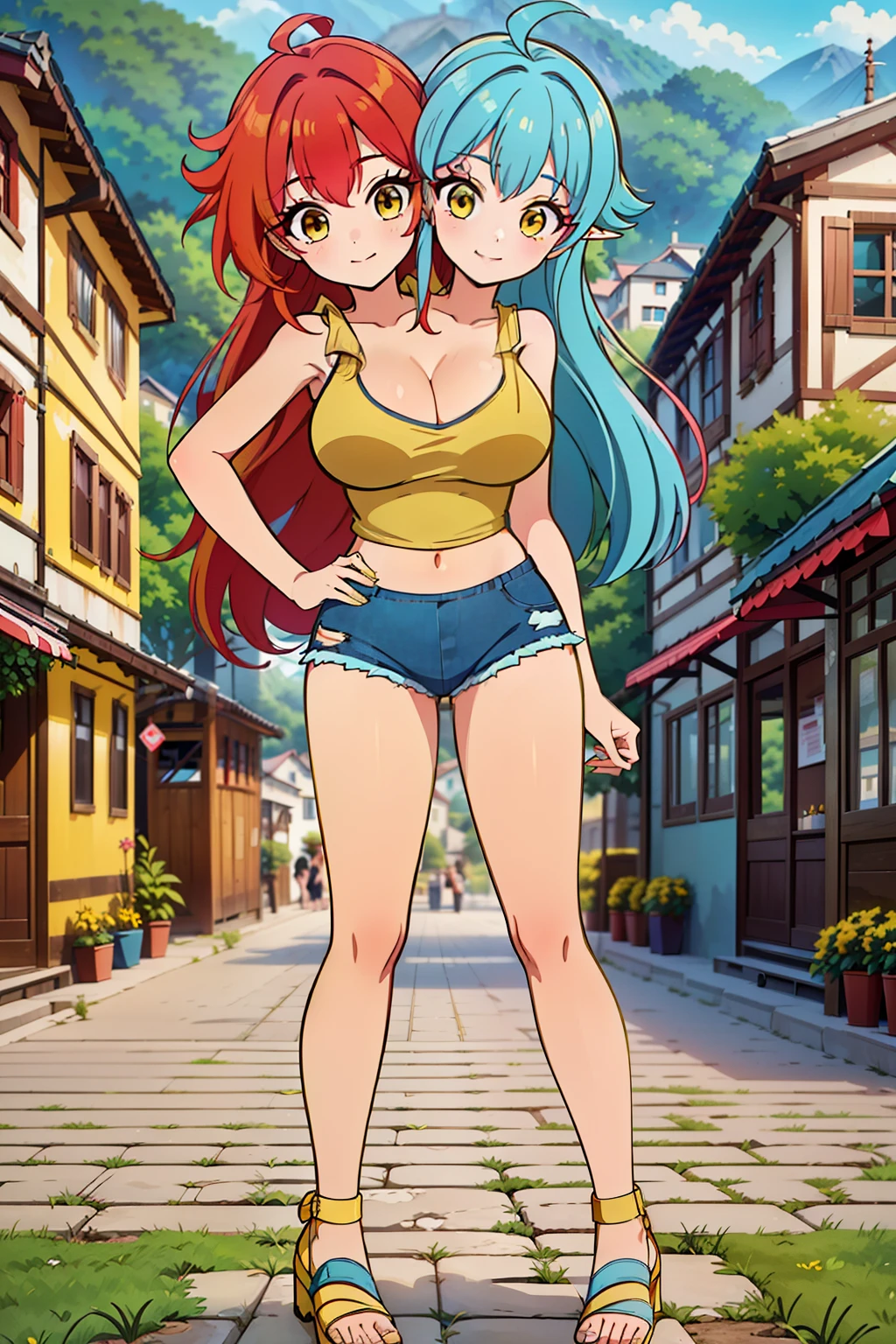 best quality, (masterpiece),(ultra-detailed), (high quality), (high resolution), ((2heads:1.5)), best quality:1.5, highres, UHD, 16K), ((two headed woman)), smiling, highres, masterpiece, ((vibrant red hair:1.5)), ((vibrant blue hair:1.5)), ((different hair colors)), cleavage, ((yellow tank top:1.5)), lustrous and smooth skin, seductive silhouette, strapless tank top, sexy proportions, Beautiful girl with accentuated slender abs, ((full body)), ((village background:1.5)), ((exposed midriff)), body con outfit, sleeveless top, yellow eyes, ((long hair)), ((sandals)), ager figure, figure