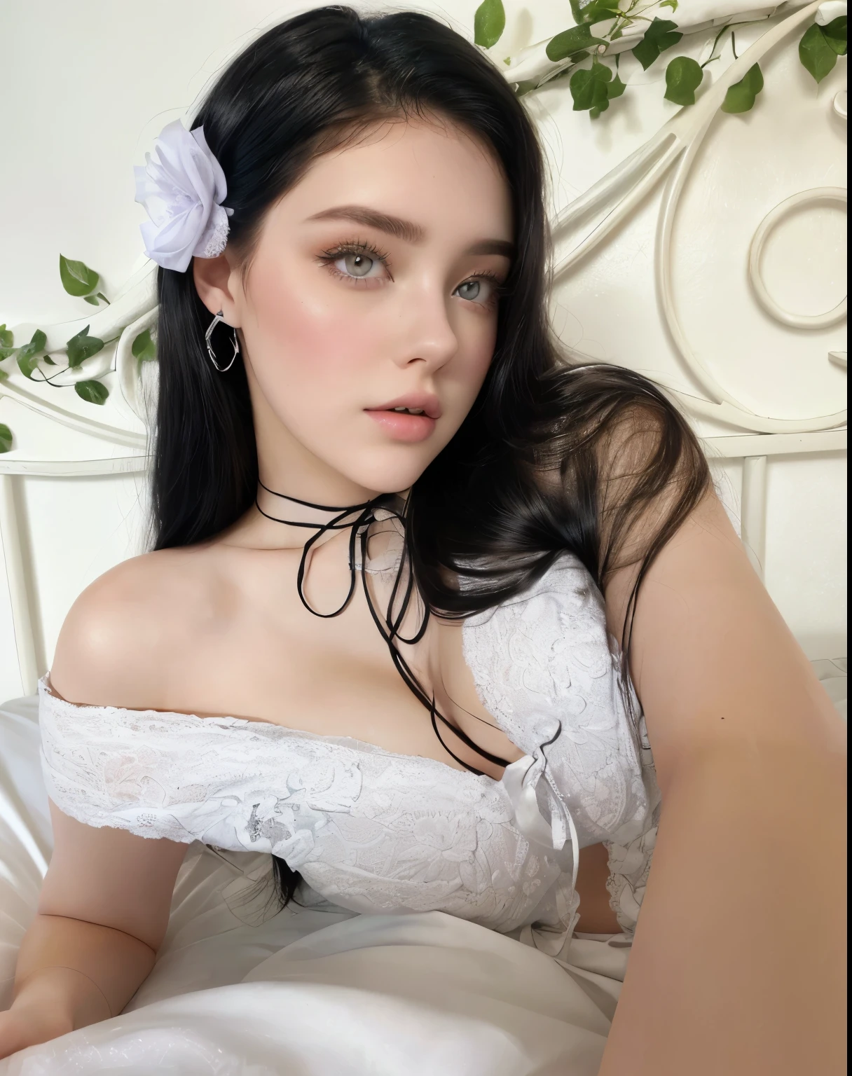 there is a woman laying in bed with a white dress on, angelawhite, violet myers, lacey, 18 years old, black hair and large eyes, ayahausca, in white clothes, white lace, belle delphine, soft flawless pale skin, posing in bed, whitebangsblackhair, a beautiful woman in white, lovely delicate face