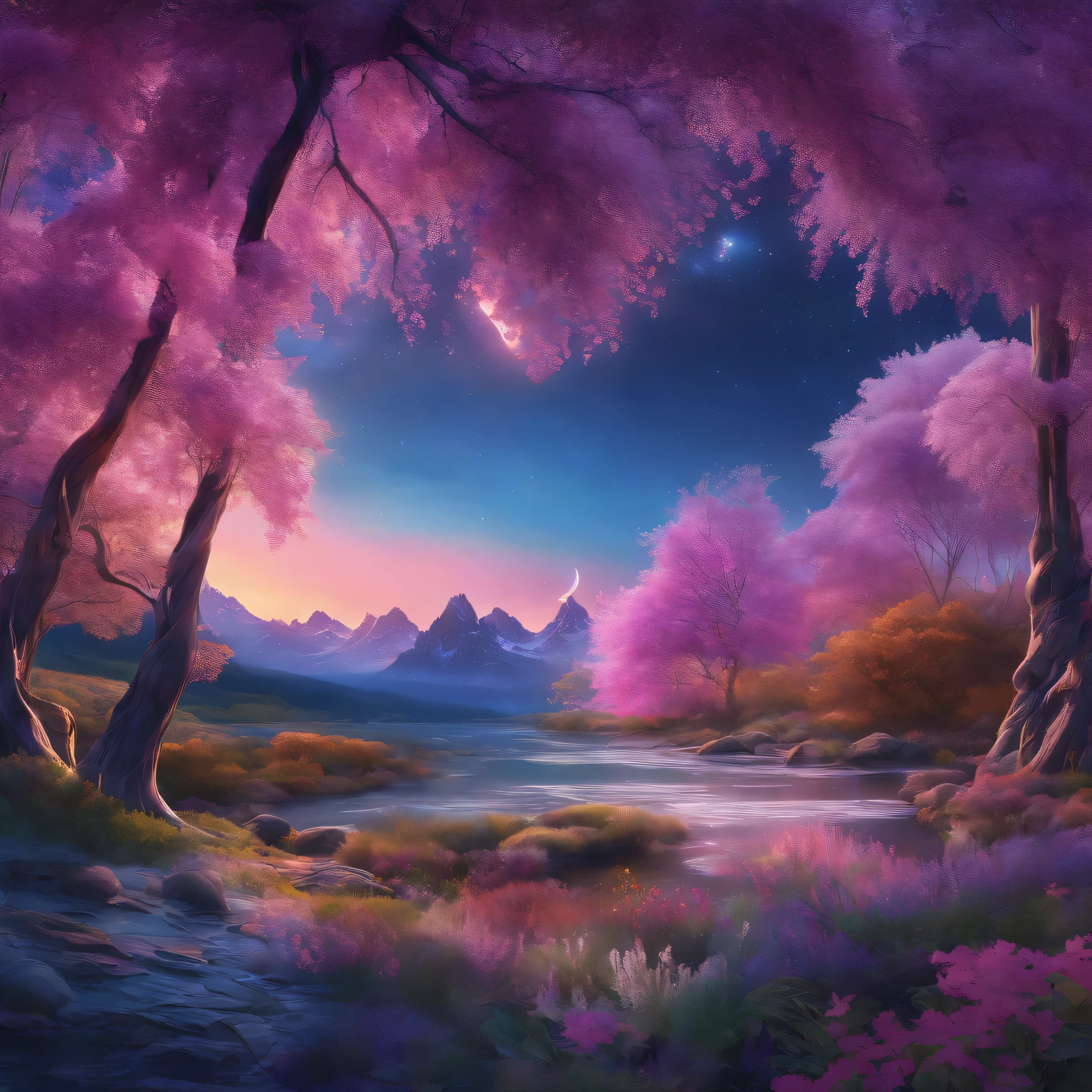 (best quality,8k,highres,hyperrealism:1.2),vibrant colors,sharp focus,insanely detailed,Libertywave style, (hyper-realistic,photorealistic:1.37) rendition of an ethereal scene. The image showcases the immense beauty of nature in stunning detail, capturing the essence of the Libertywave art style.

The centerpiece of the artwork is a breathtaking landscape, with majestic mountains stretching towards the heavens. These mountains are covered in a vibrant tapestry of lush greenery, with trees standing tall and proud, adorned with vibrant leaves that shimmer and dance in the wind. The sunlight cascades through the trees, casting enchanting patterns of light and shadow on the terrain below.

In the foreground, a crystal-clear river meanders through the landscape, reflecting the surrounding scenery with perfect clarity. The water ripples gently, creating a sense of tranquility and serenity. Delicate flowers adorn the riverbanks, their petals showcasing an array of colors, from deep purples to vibrant pinks.

As you explore the image further, your eyes are drawn to the sky above. The heavens are ablaze with a stunning display of colors, as if the Aurora Borealis has descended upon this ethereal world. Ribbons of vibrant blues, purples, and pinks dance across the night sky, creating a mesmerizing spectacle that illuminates the entire scene.

Every element of the image is meticulously crafted with hyperrealistic detail. Every leaf, every blade of grass, and every petal is rendered with impeccable precision, allowing the viewer to fully immerse themselves in this magical world. The colors are vibrant and intense, evoking a sense of wonder and joy.

The image is rendered in 8k high definition, ensuring that every minute detail is captured with utmost clarity. The sharp focus allows the viewers to appreciate the intricate textures and patterns present throughout the artwork. The result is a visually stunning masterpiece that transports viewers to a realm of beauty and serenity.
