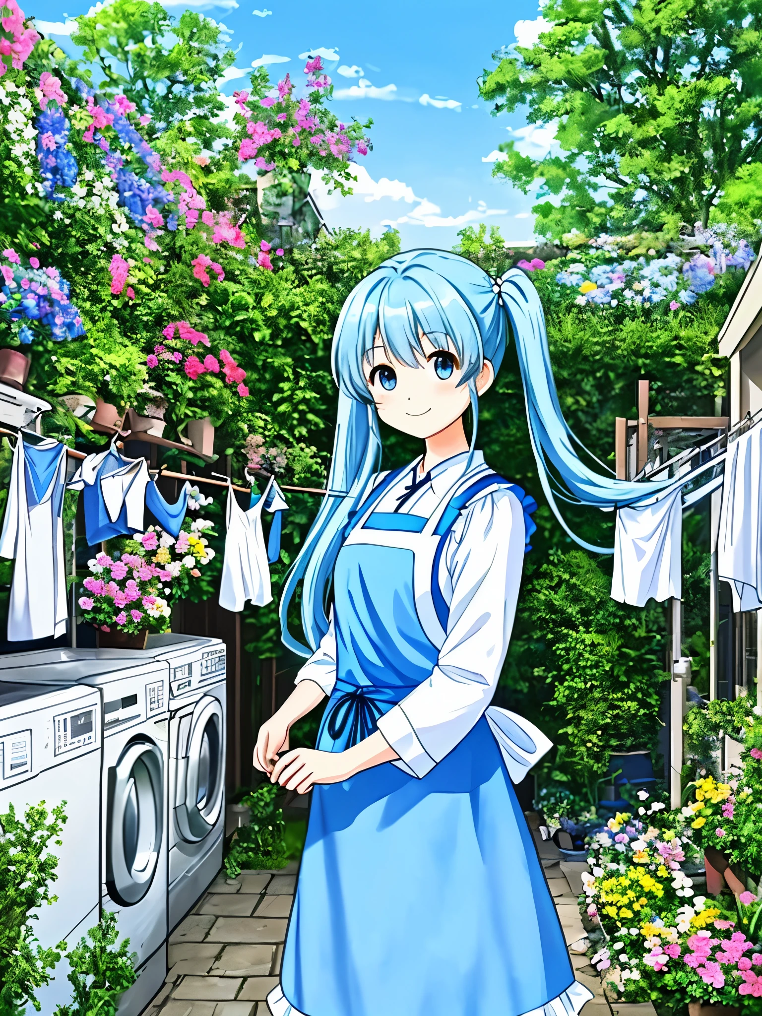 blue sky、Light blue long hair、Beautiful girl with twin tails、Home garden full of flowers、物干し竿にLots of laundry、Hanging out the laundry with a smile、Wearing an apron、Cute Costumes、Bright smile、Lots of laundry、