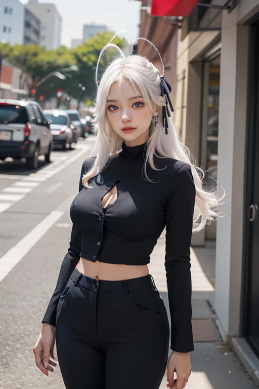 Best quality, masterpiece, detailed,
Rossweiss,
1 girl, closed mouth, slight smile,
White hair, sea green eyes, antenna hair, long hair, hair ribbon, big breasts,
black suit, formal, trousers,
I look at the viewer,
on open air