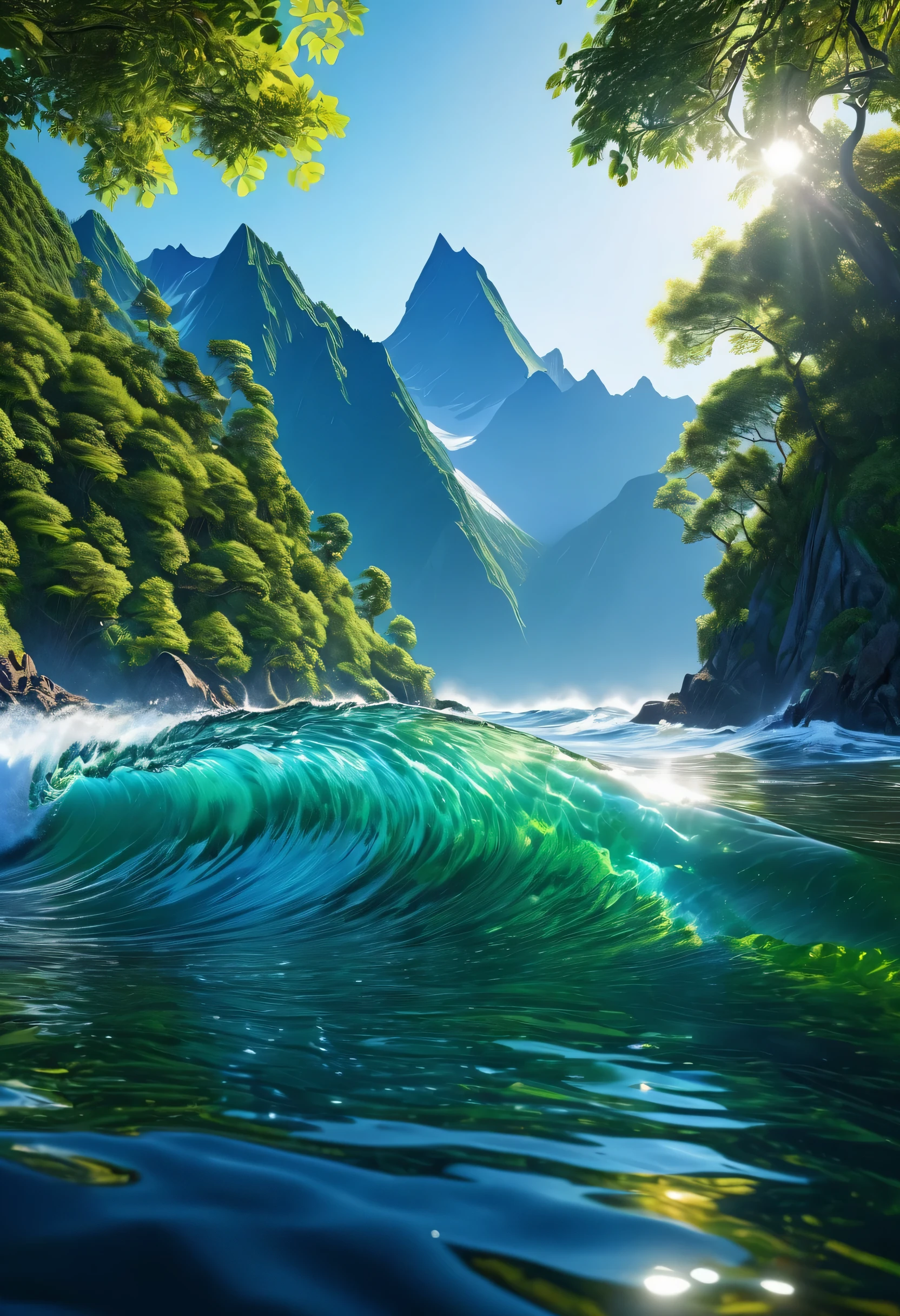 (Best quality, 8k, high-resolution, hyperrealism: 1.2), vibrant colors, sharp focus, insanely detailed, Libertywave style, (hyper-realistic, photorealistic: 1.37) representation of an ethereal scene. The image showcases the extreme beauty of nature in extraordinary detail, encapsulating the unique essence of the Libertywave art style.

The focal point of the painting is a breathtaking panorama, featuring grandiose mountains reaching for the heavens. These mountains are draped in a vivid mosaic of lush vegetation, with trees standing proudly, basking in the sunlight and showing off